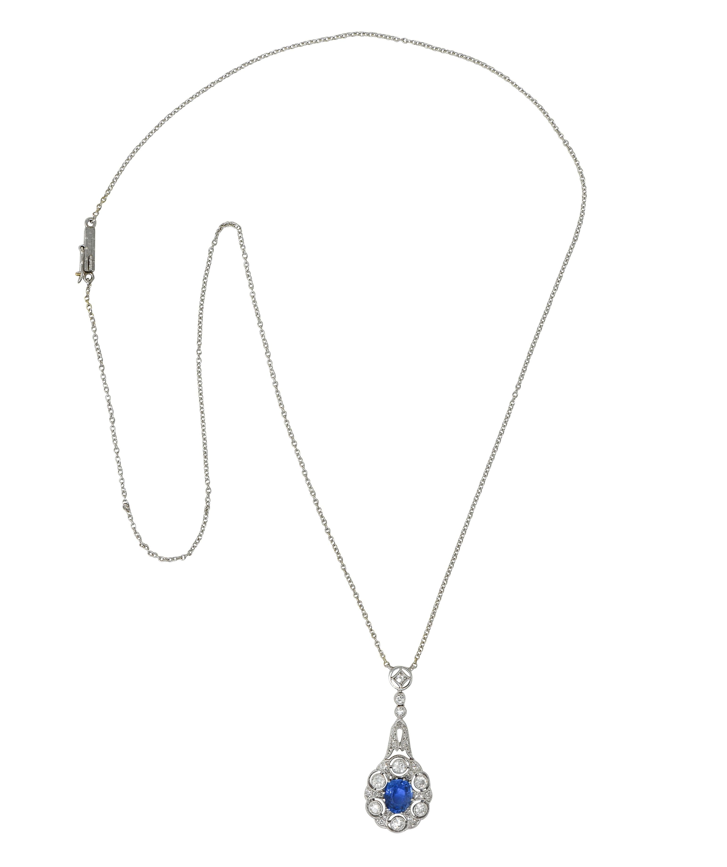 Edwardian 2.33 CTW No Heat Burma Sapphire Diamond Platinum Antique Drop Necklace