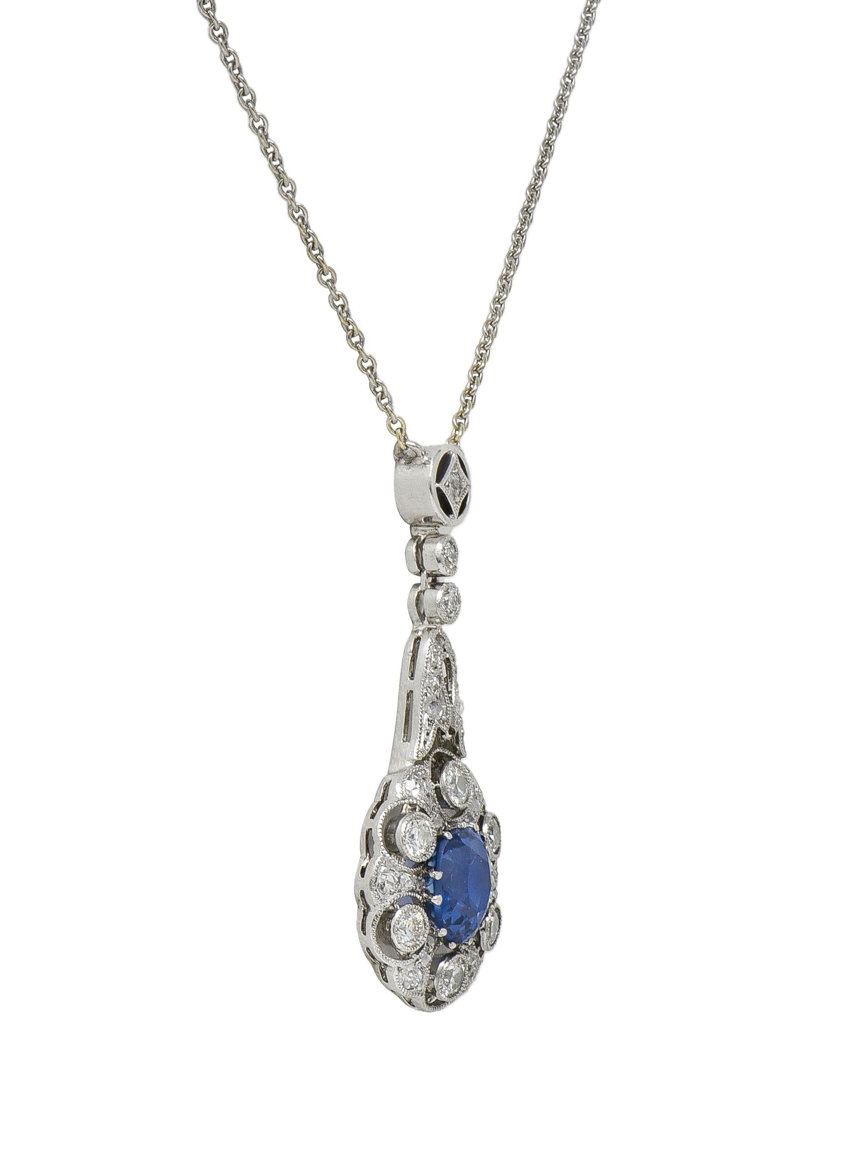 Edwardian 2.33 CTW No Heat Burma Sapphire Diamond Platinum Antique Drop Necklace