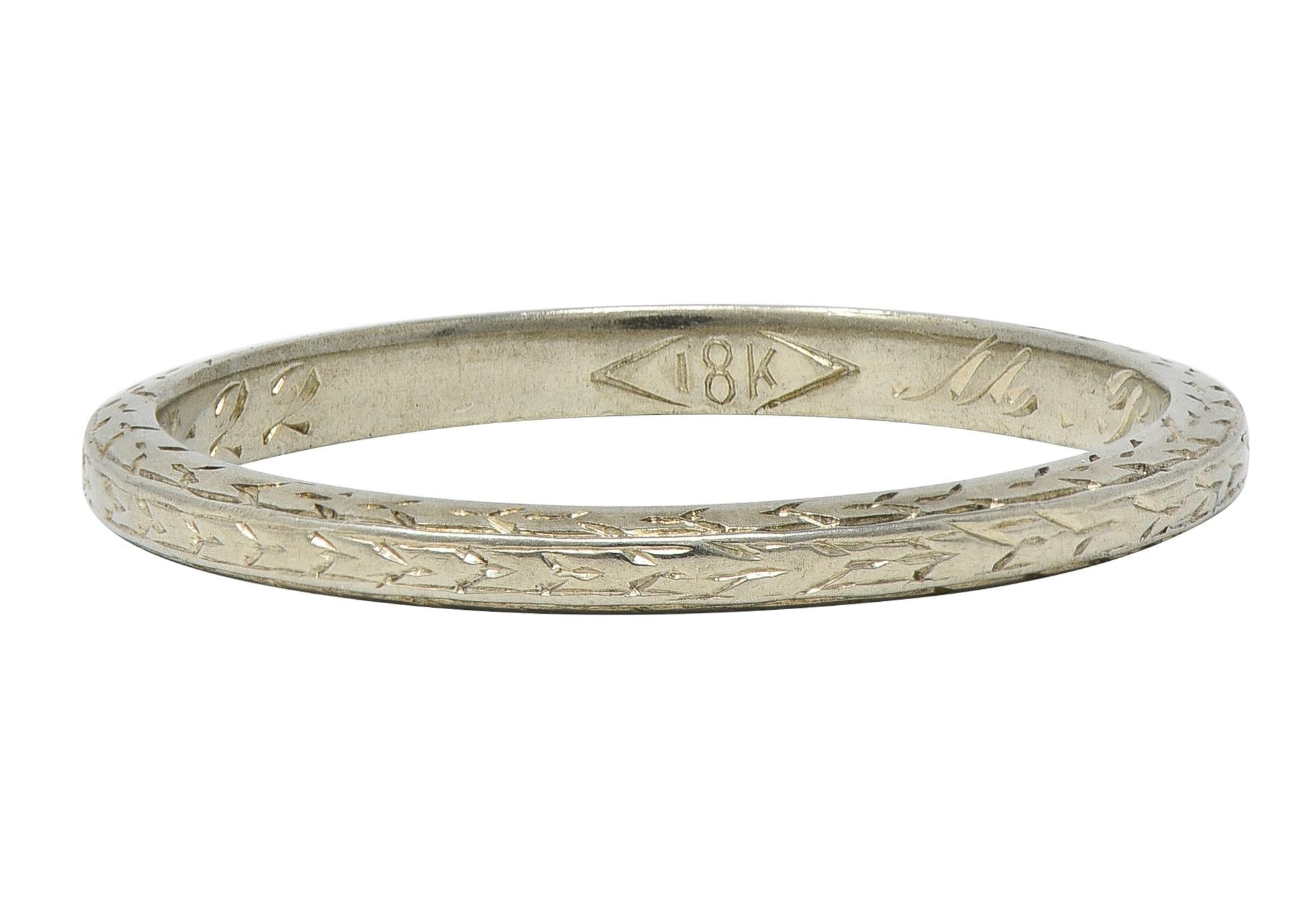 Art Deco 1929 18 Karat White Gold Vintage Wheat Wedding Band Ring