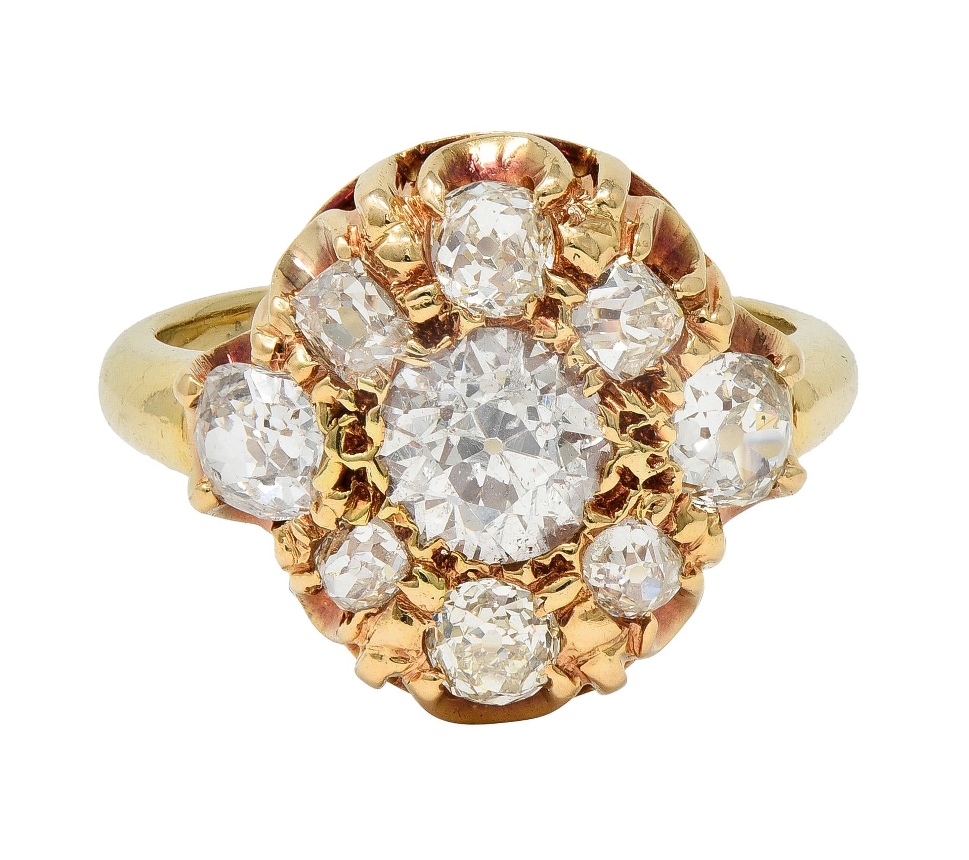 Victorian Old European Cut Diamond 14 Karat Yellow Gold Antique Cluster Ring