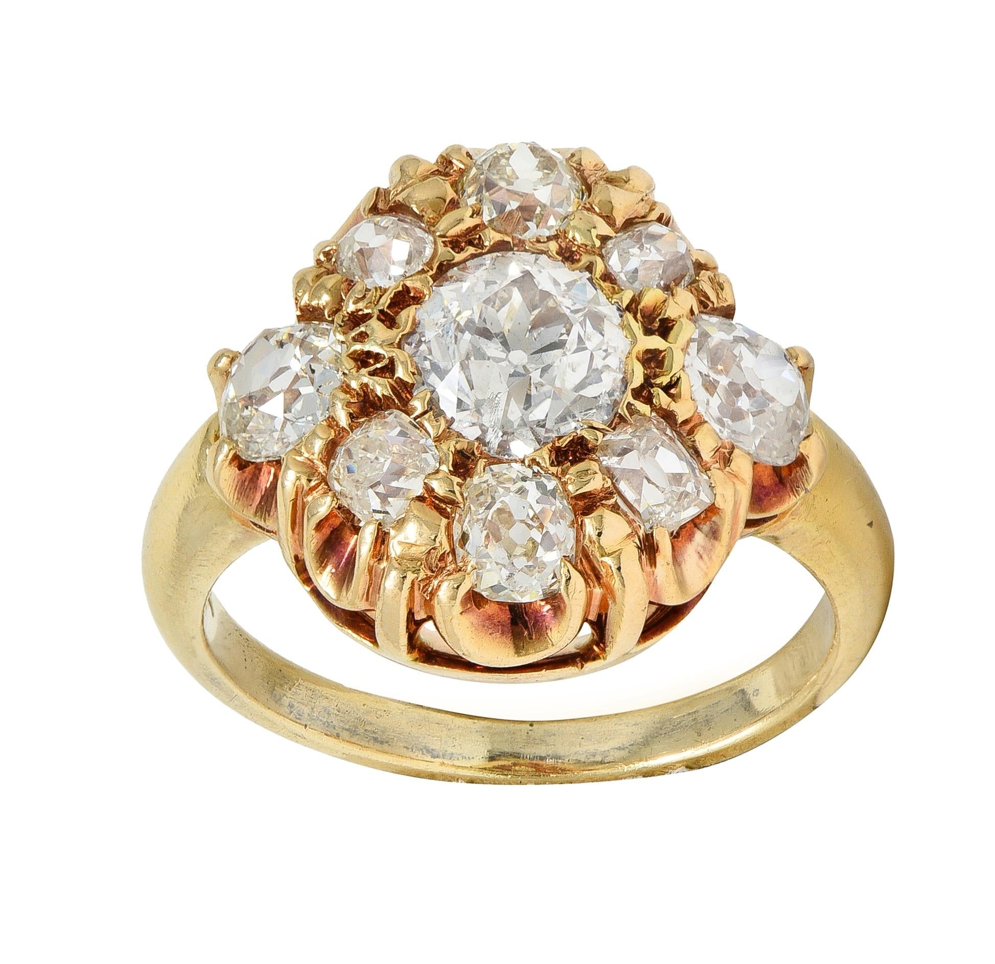 Victorian Old European Cut Diamond 14 Karat Yellow Gold Antique Cluster Ring
