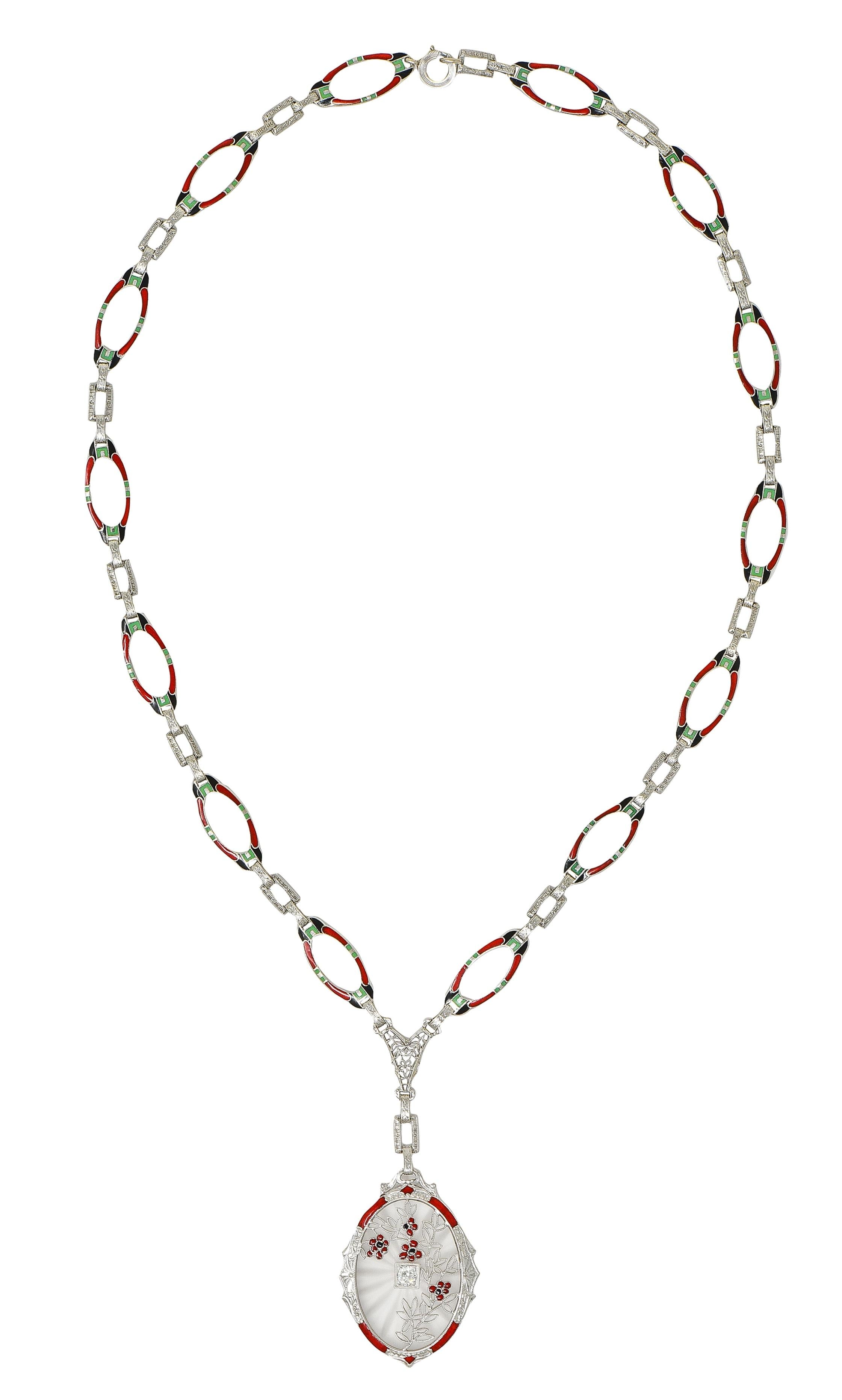 Art Deco Diamond Camphor Glass Enamel 14K Gold Antique Pendant Sartuoir Necklace