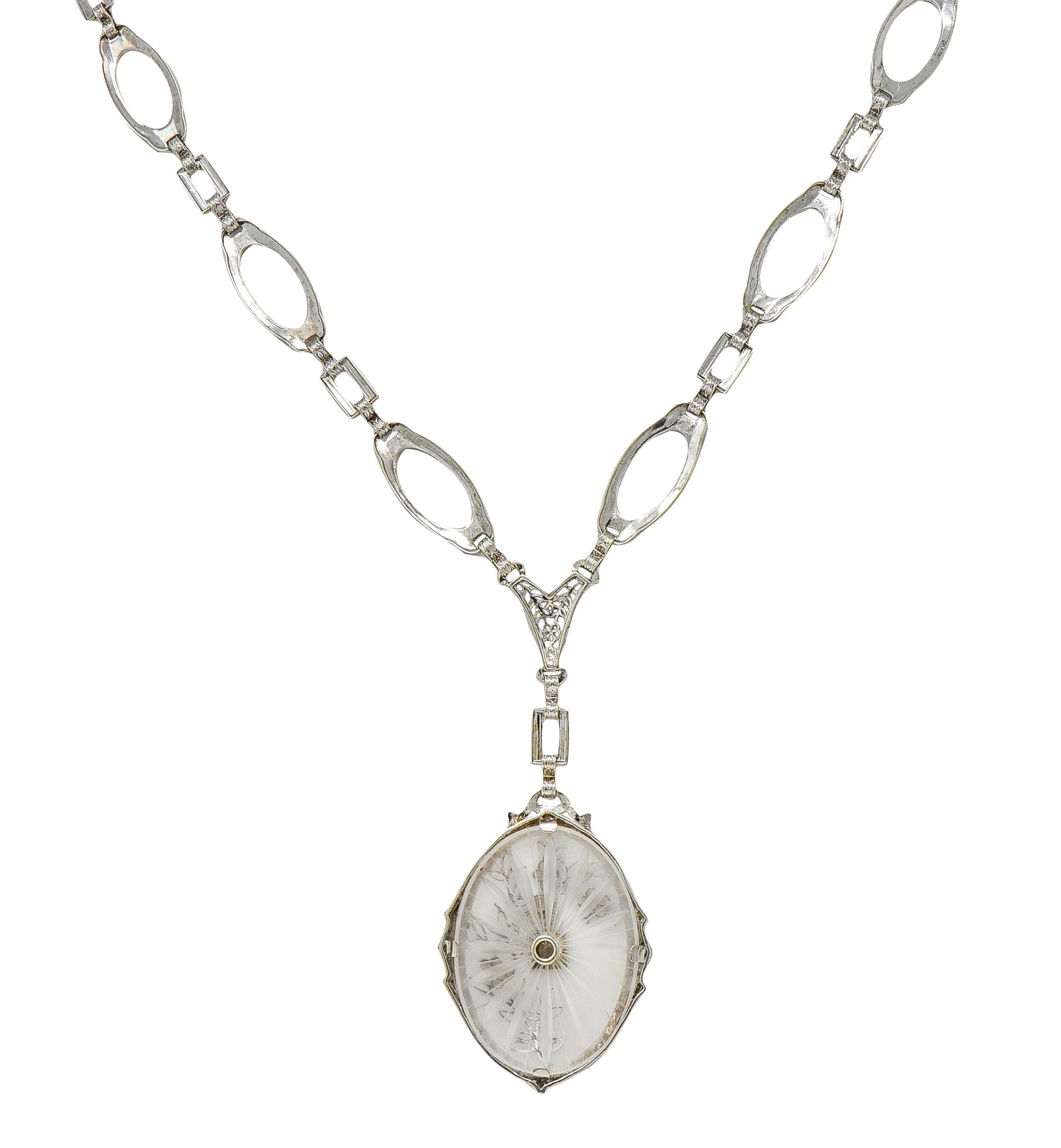 Art Deco Diamond Camphor Glass Enamel 14K Gold Antique Pendant Sartuoir Necklace