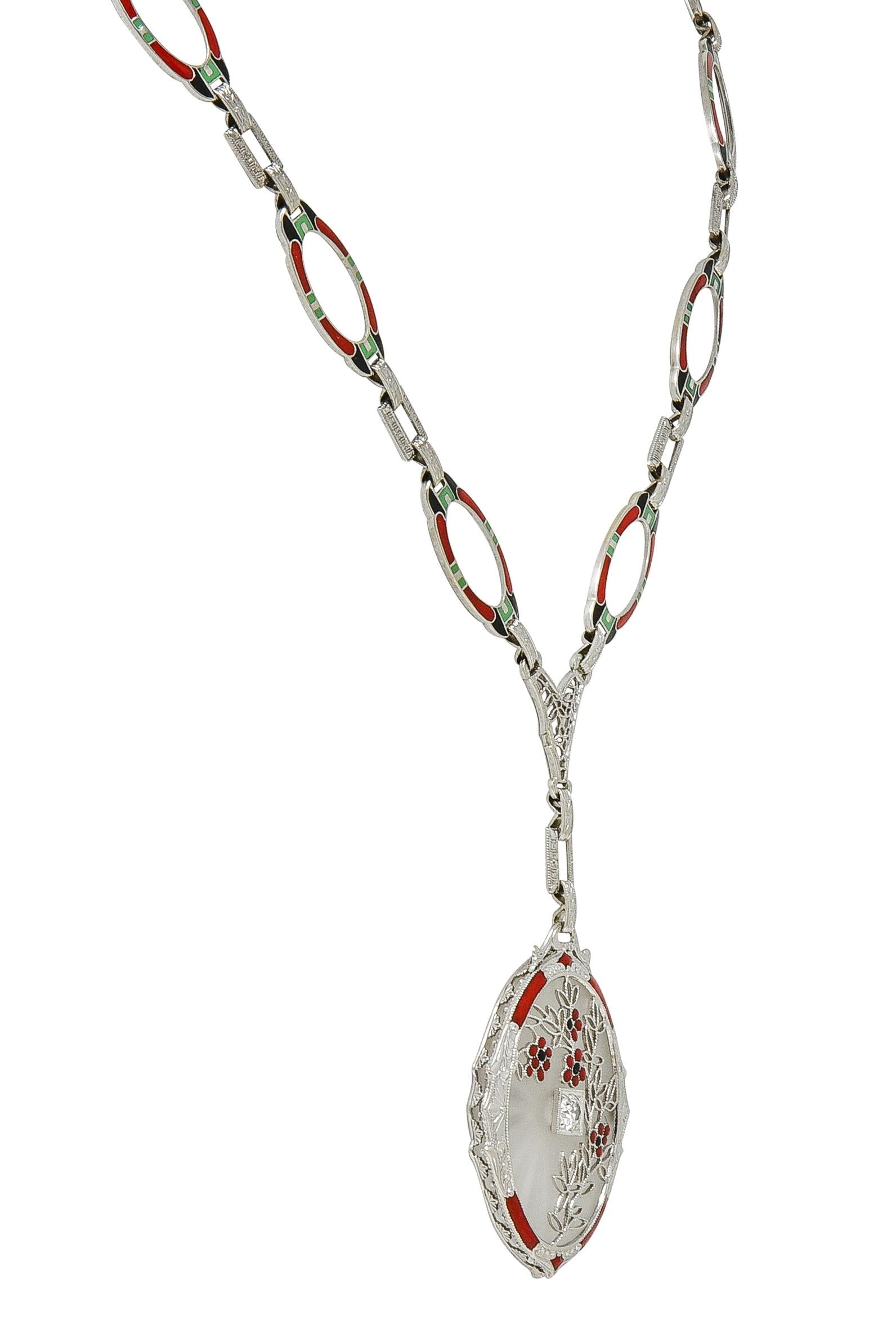 Art Deco Diamond Camphor Glass Enamel 14K Gold Antique Pendant Sartuoir Necklace