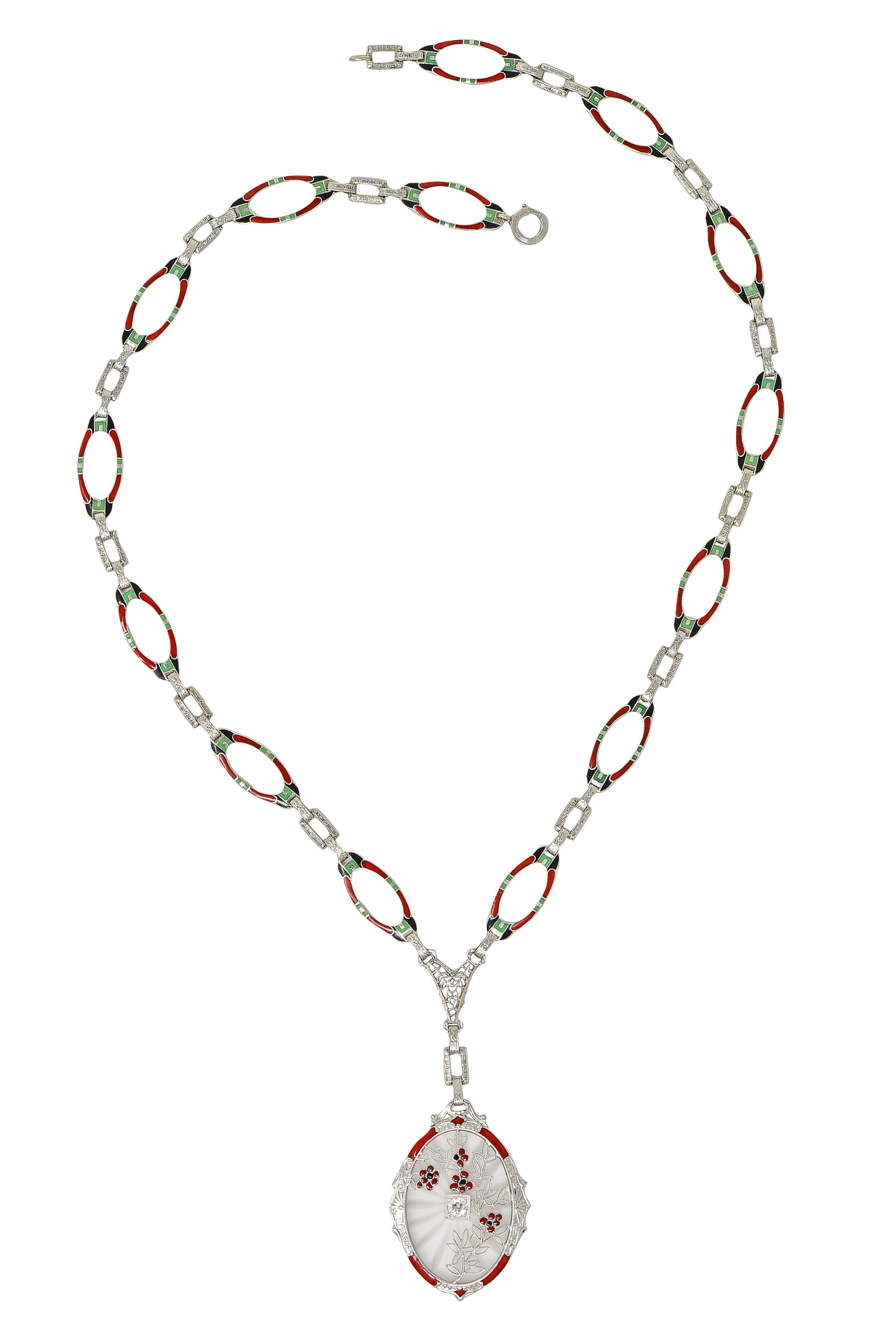 Art Deco Diamond Camphor Glass Enamel 14K Gold Antique Pendant Sartuoir Necklace