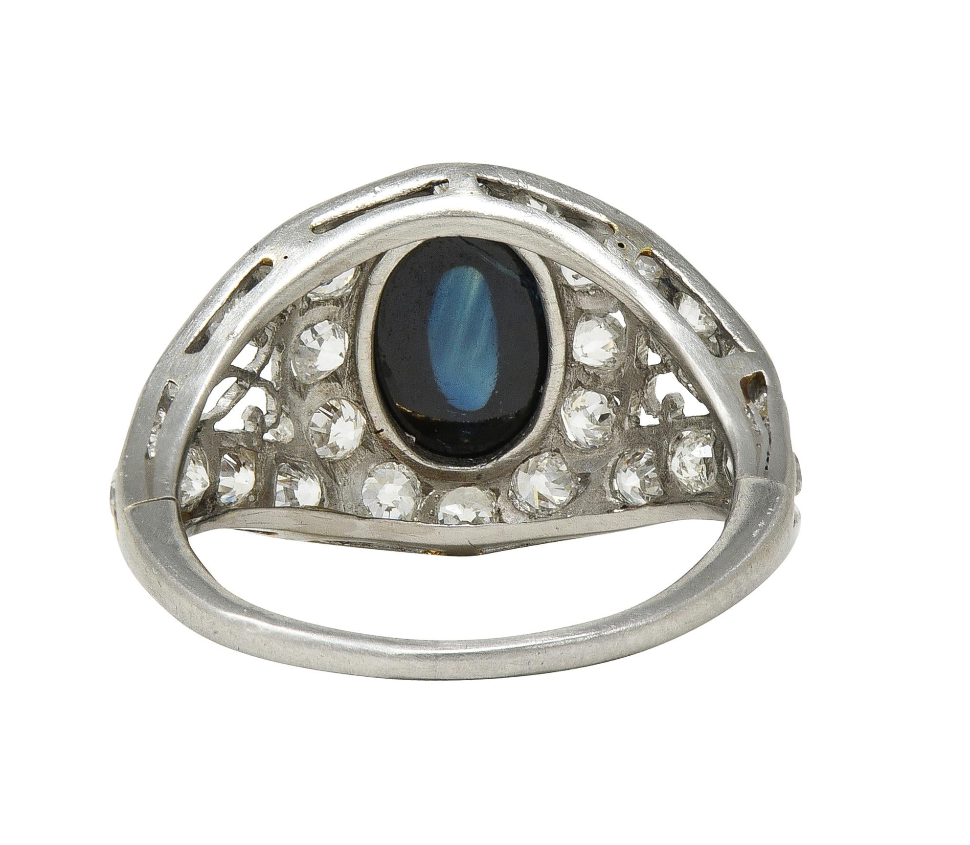 Art Deco Cabochon Sapphire Diamond Platinum Vintage Scrolling Bombé Ring