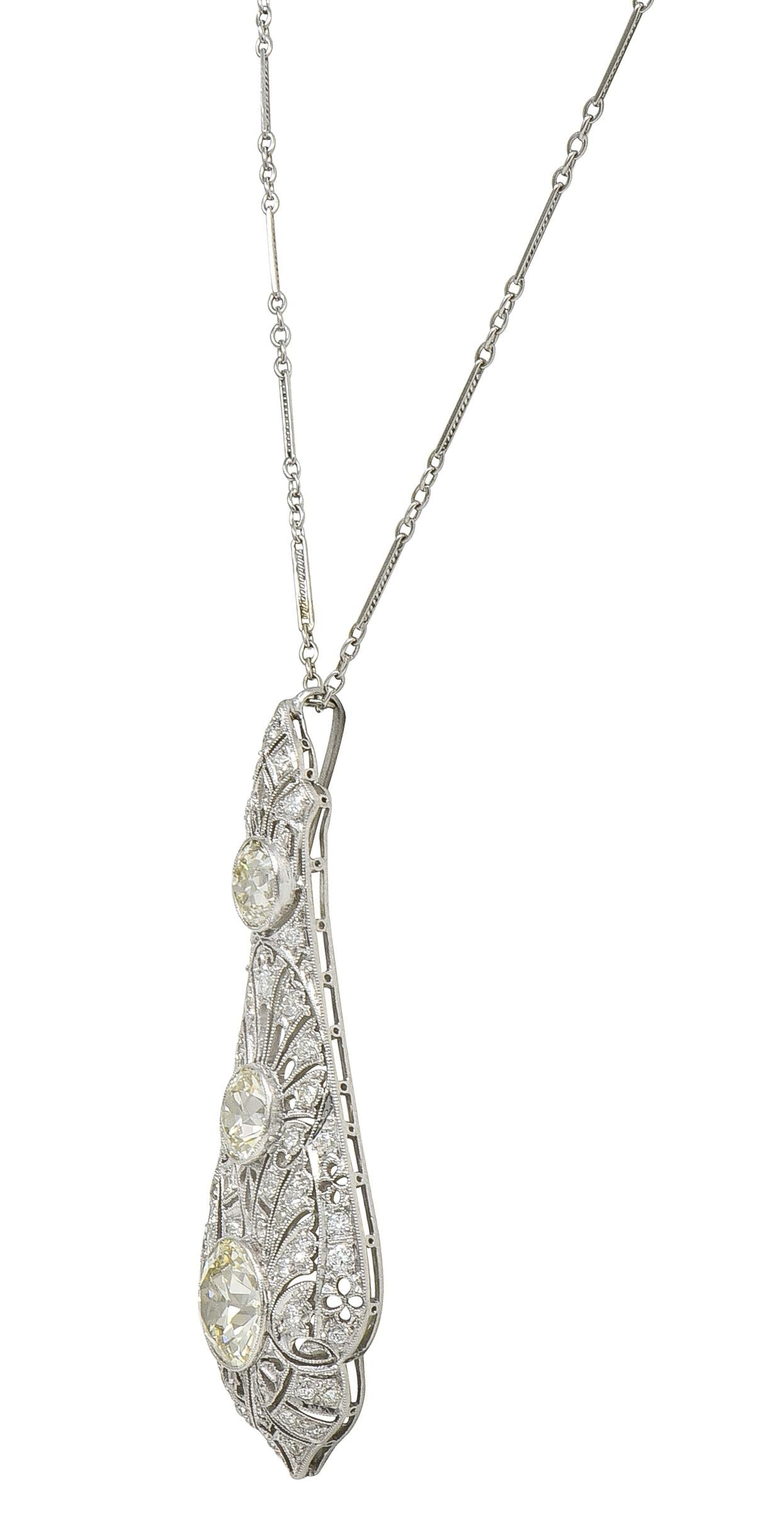 Art Deco 7.40 CTW Diamond Platinum Antique Fanning Pendant Necklace