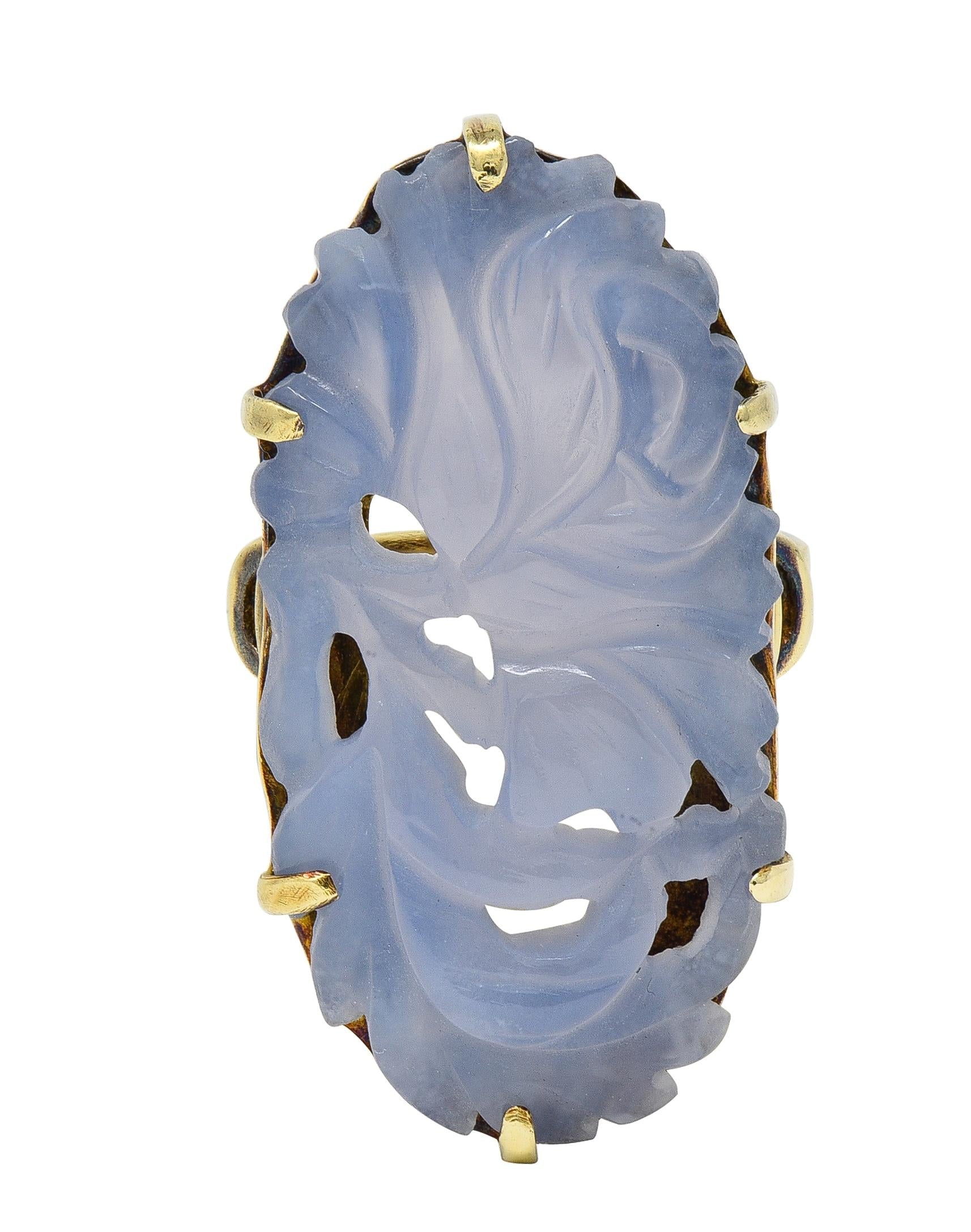 Early Art Deco Blue Chalcedony 14 Karat Yellow Gold Antique Flower Ring