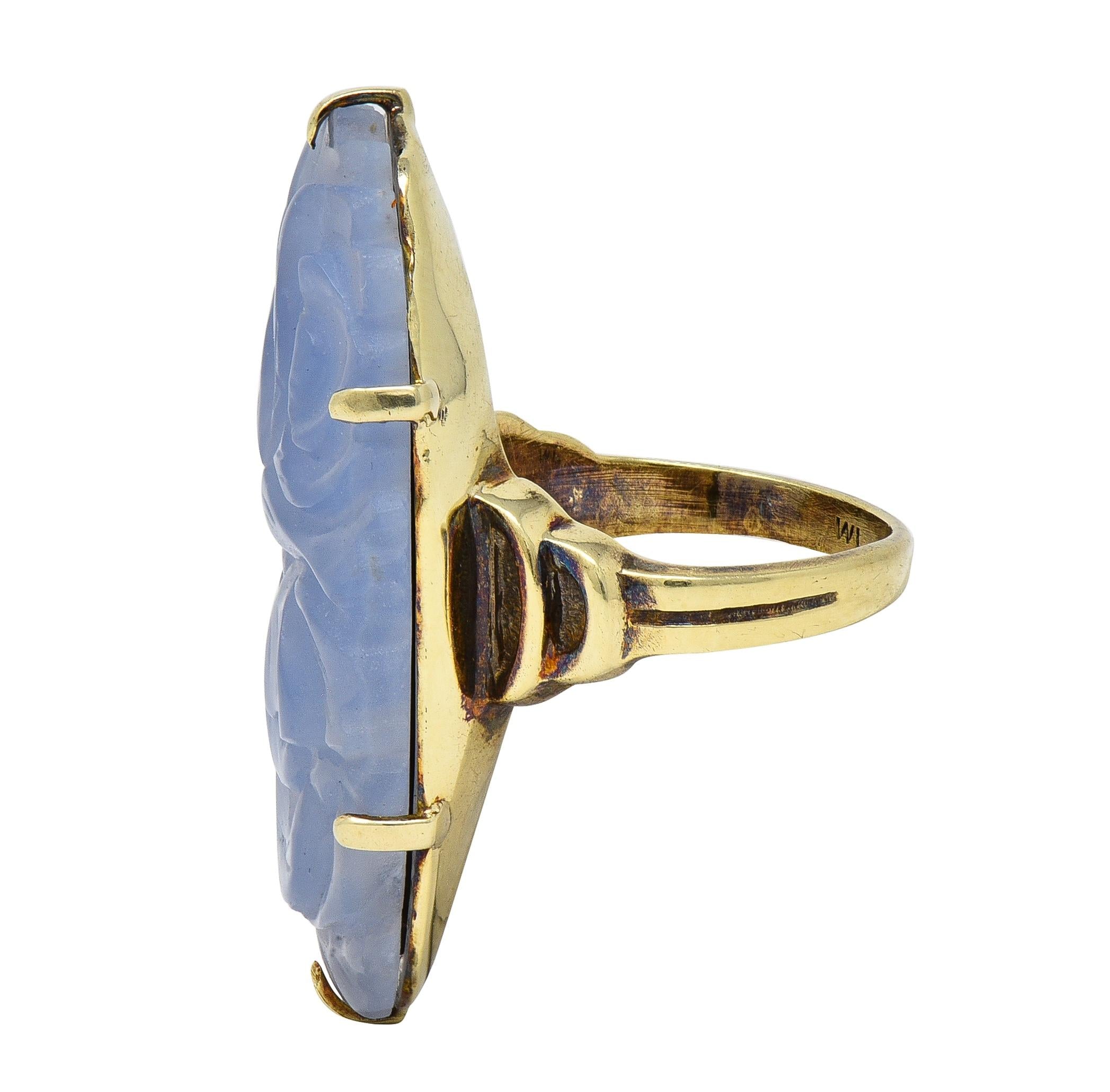 Early Art Deco Blue Chalcedony 14 Karat Yellow Gold Antique Flower Ring