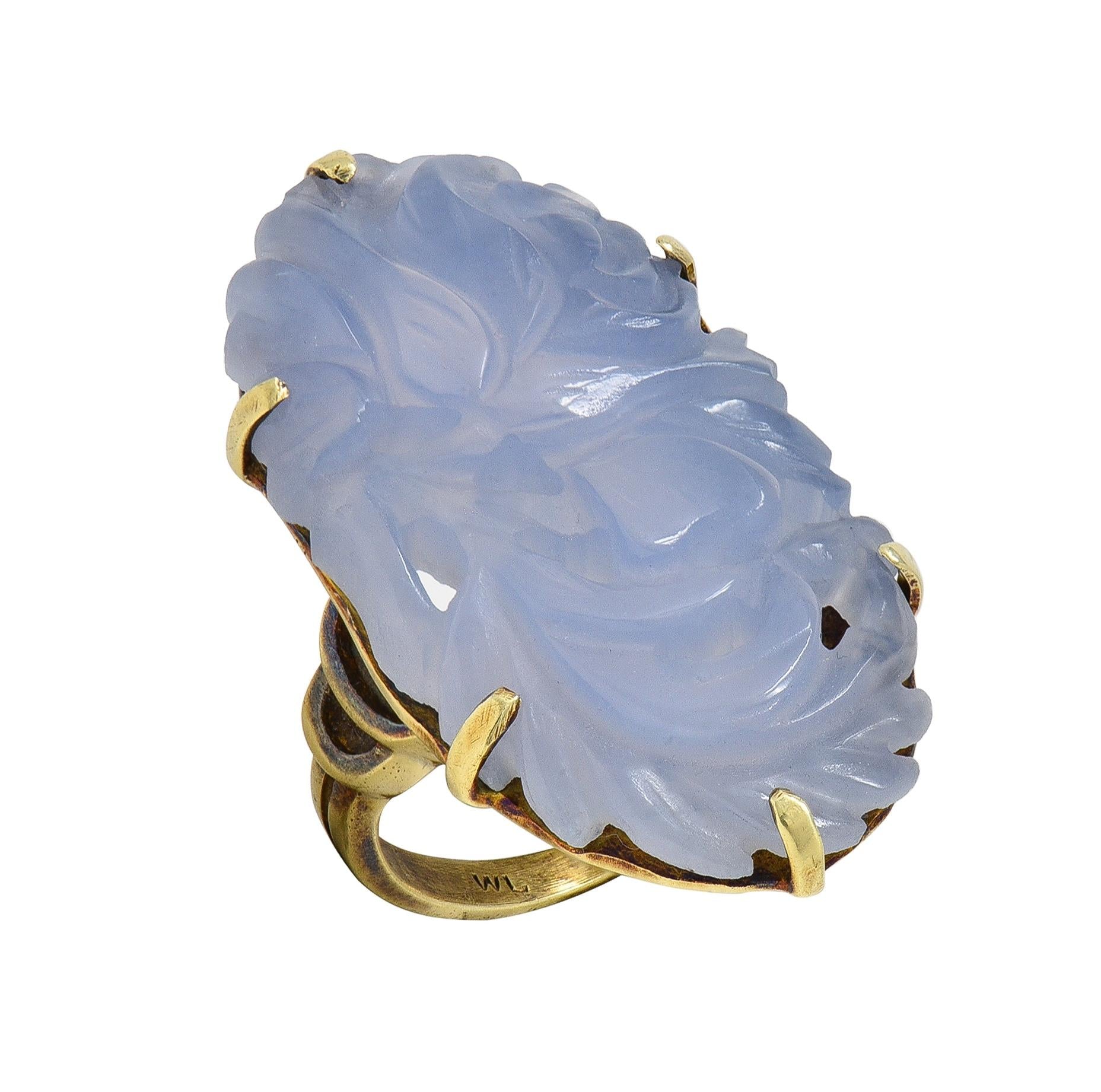 Early Art Deco Blue Chalcedony 14 Karat Yellow Gold Antique Flower Ring