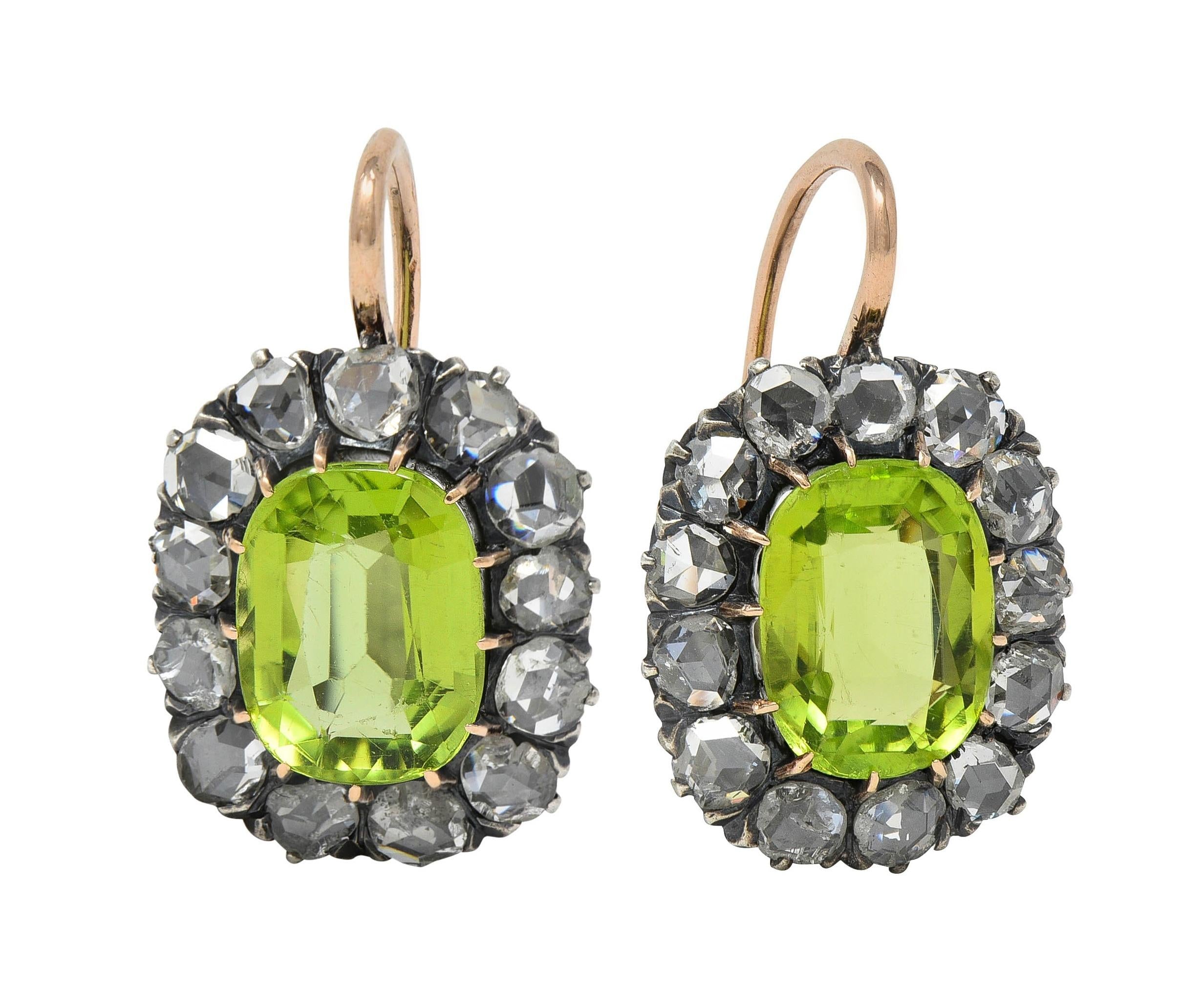 Victorian 6.05 CTW Peridot Diamond Silver 14K Gold Antique Halo Drop Earrings
