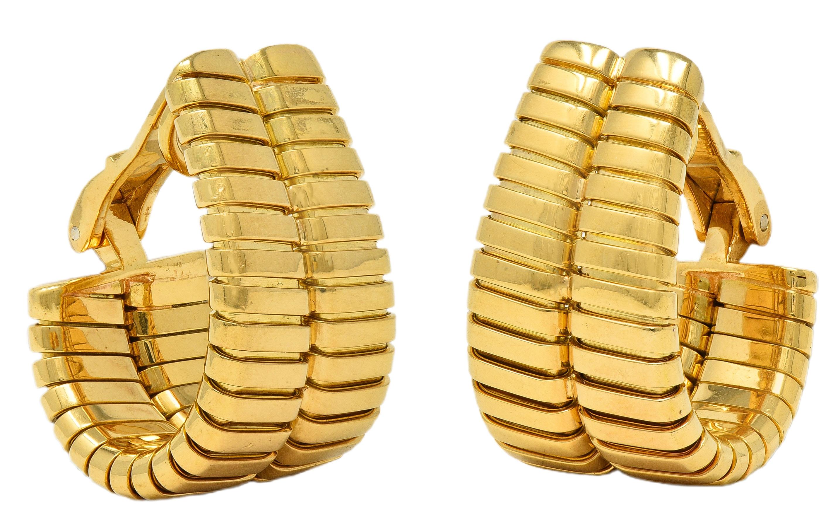 Bulgari 1990's 18 Karat Yellow Gold Vintage Tubogas J-Hoop Ear-Clip Earrings
