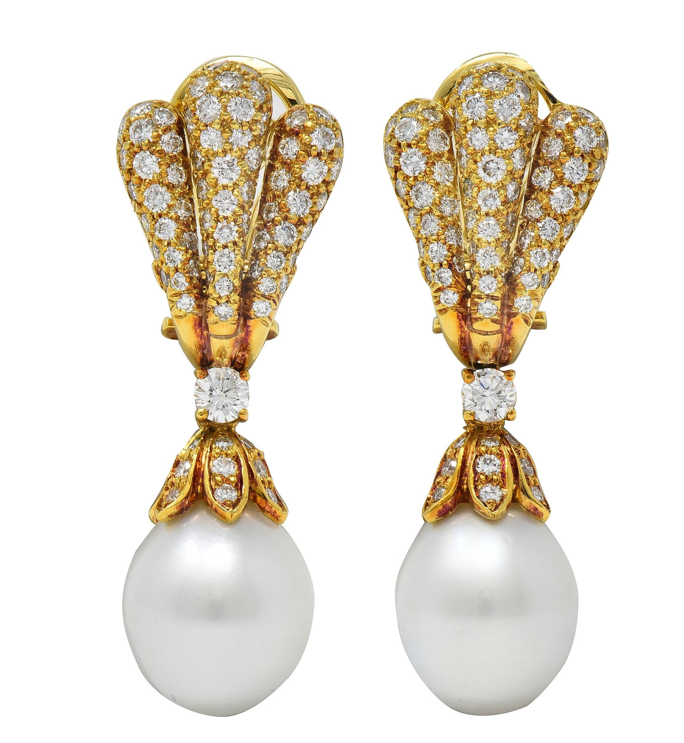 1980's Diamond South Sea Pearl 18K Gold Vintage Fanning Drop Earrings