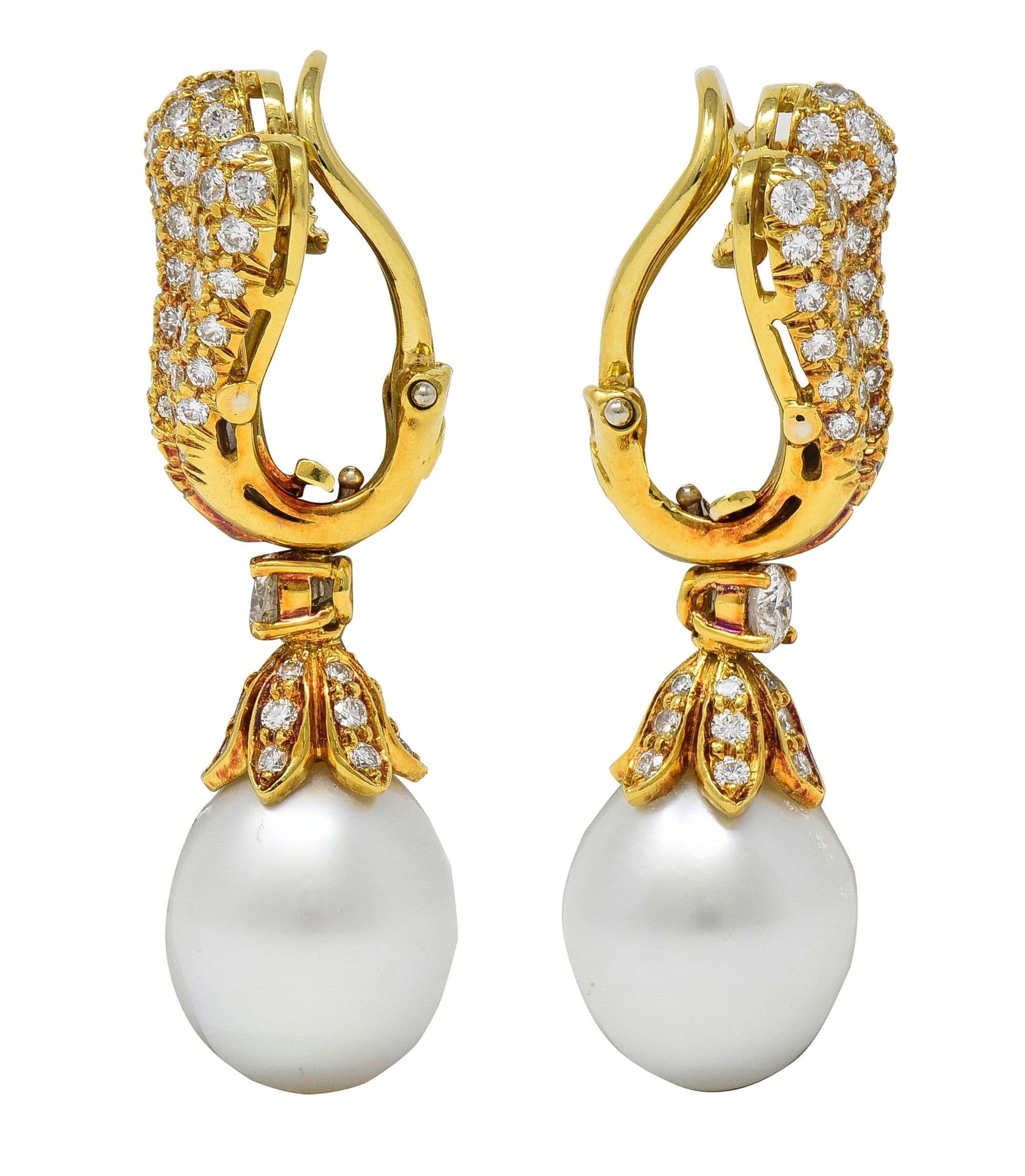 1980's Diamond South Sea Pearl 18K Gold Vintage Fanning Drop Earrings