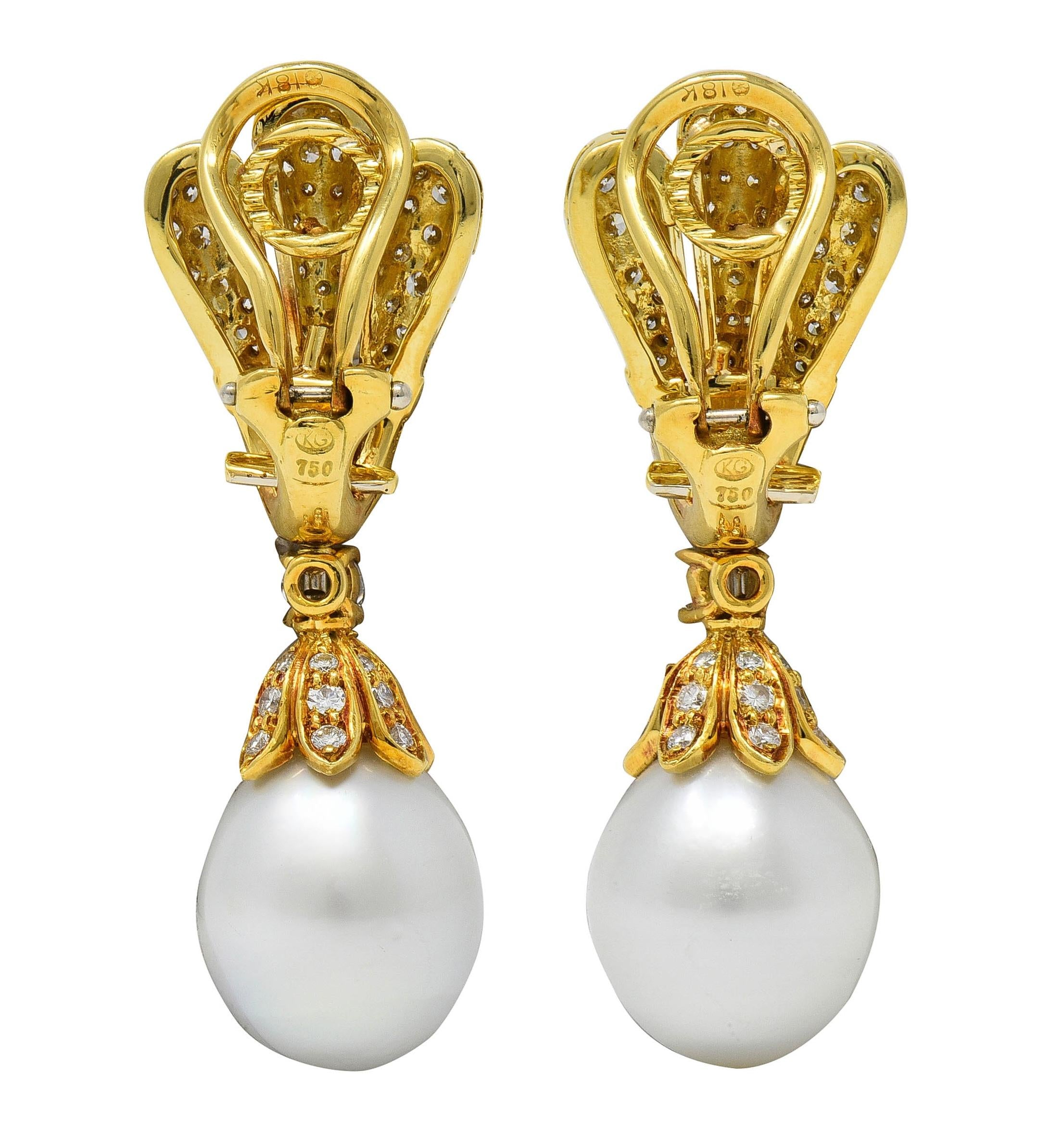 1980's Diamond South Sea Pearl 18K Gold Vintage Fanning Drop Earrings