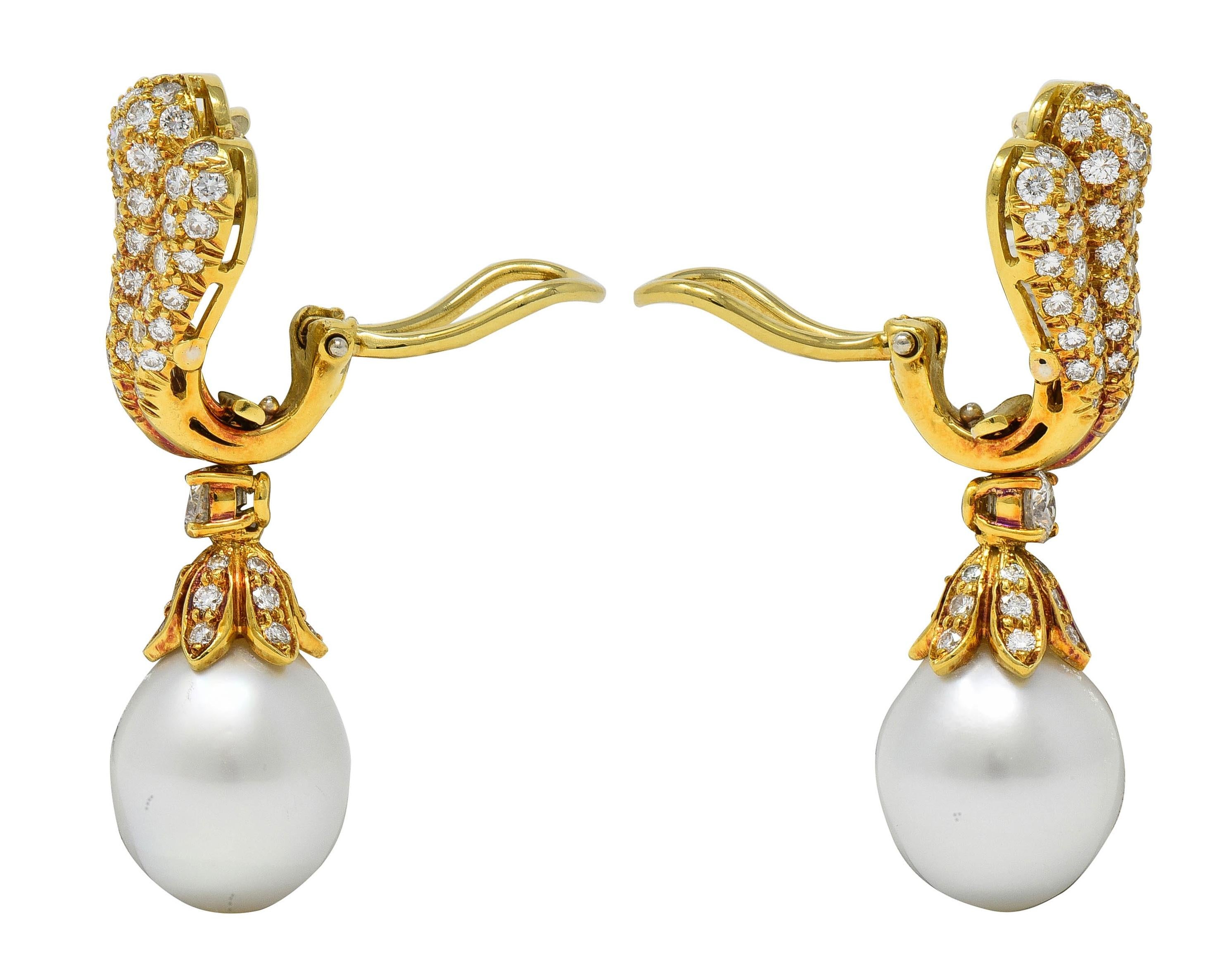 1980's Diamond South Sea Pearl 18K Gold Vintage Fanning Drop Earrings