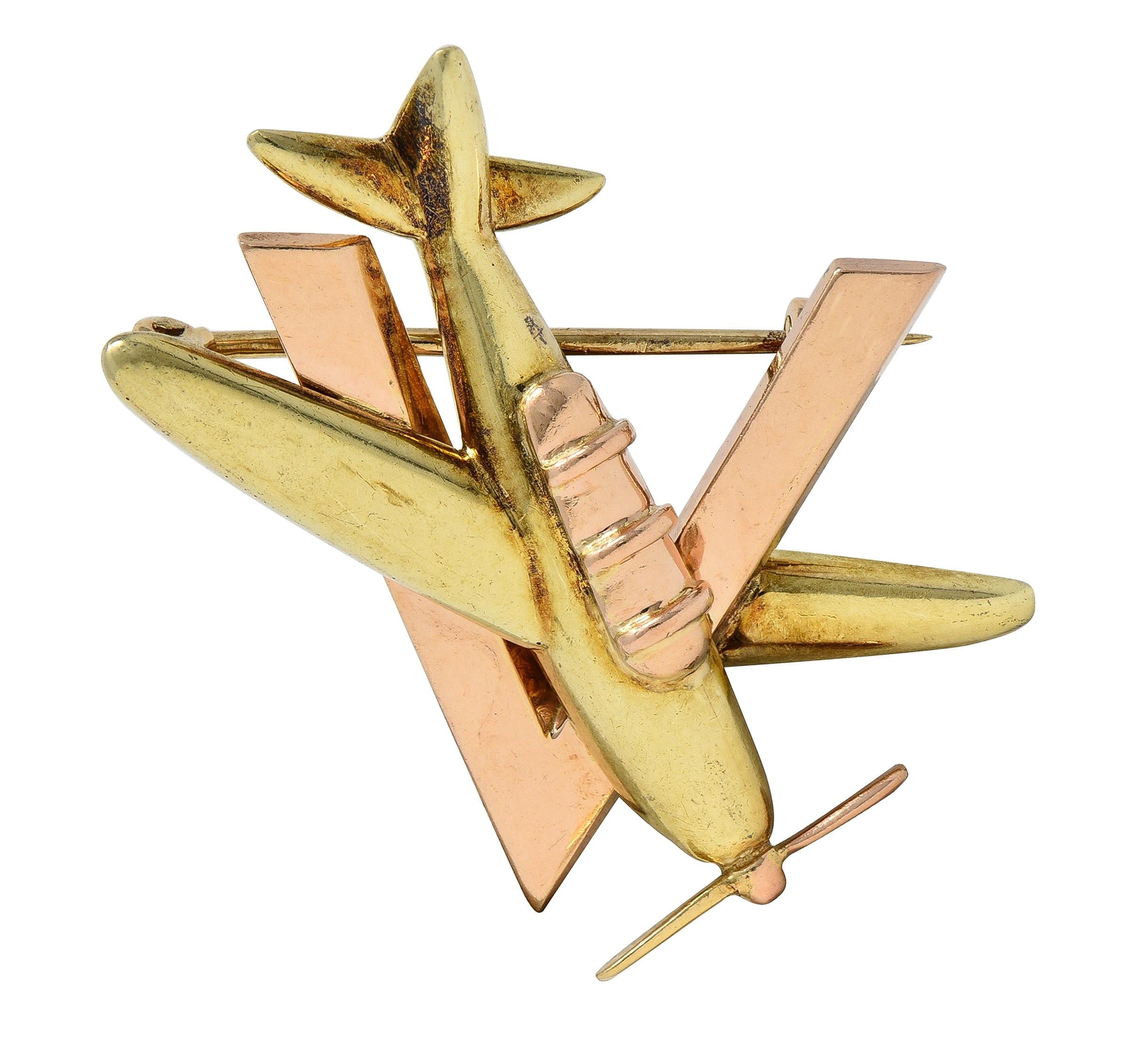 Retro 14 Karat Two-Tone Gold Vintage Sweetheart WW2 Victory Plane Brooch