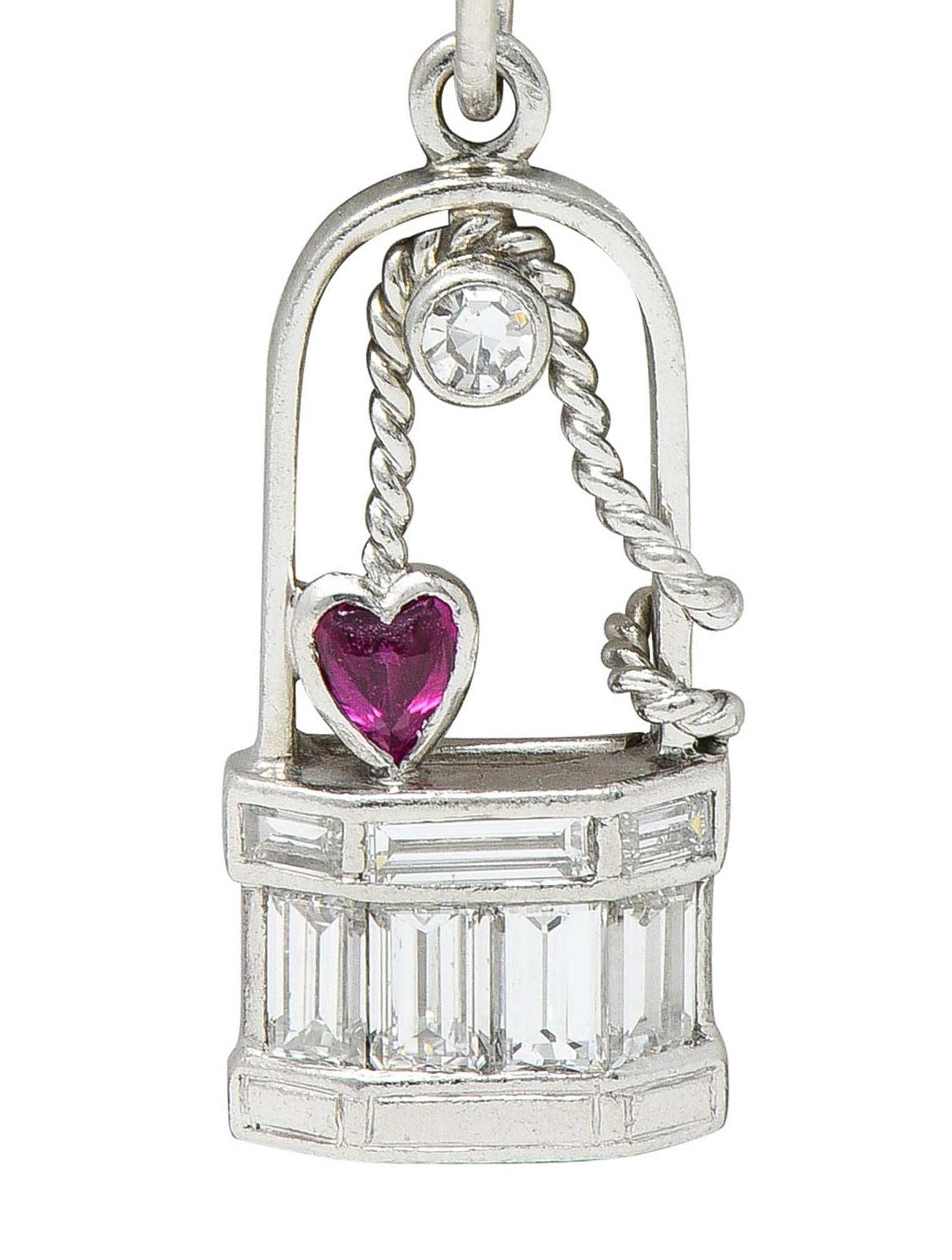 Art Deco Ruby Diamond Platinum Vintage Wishing Well Heart Charm