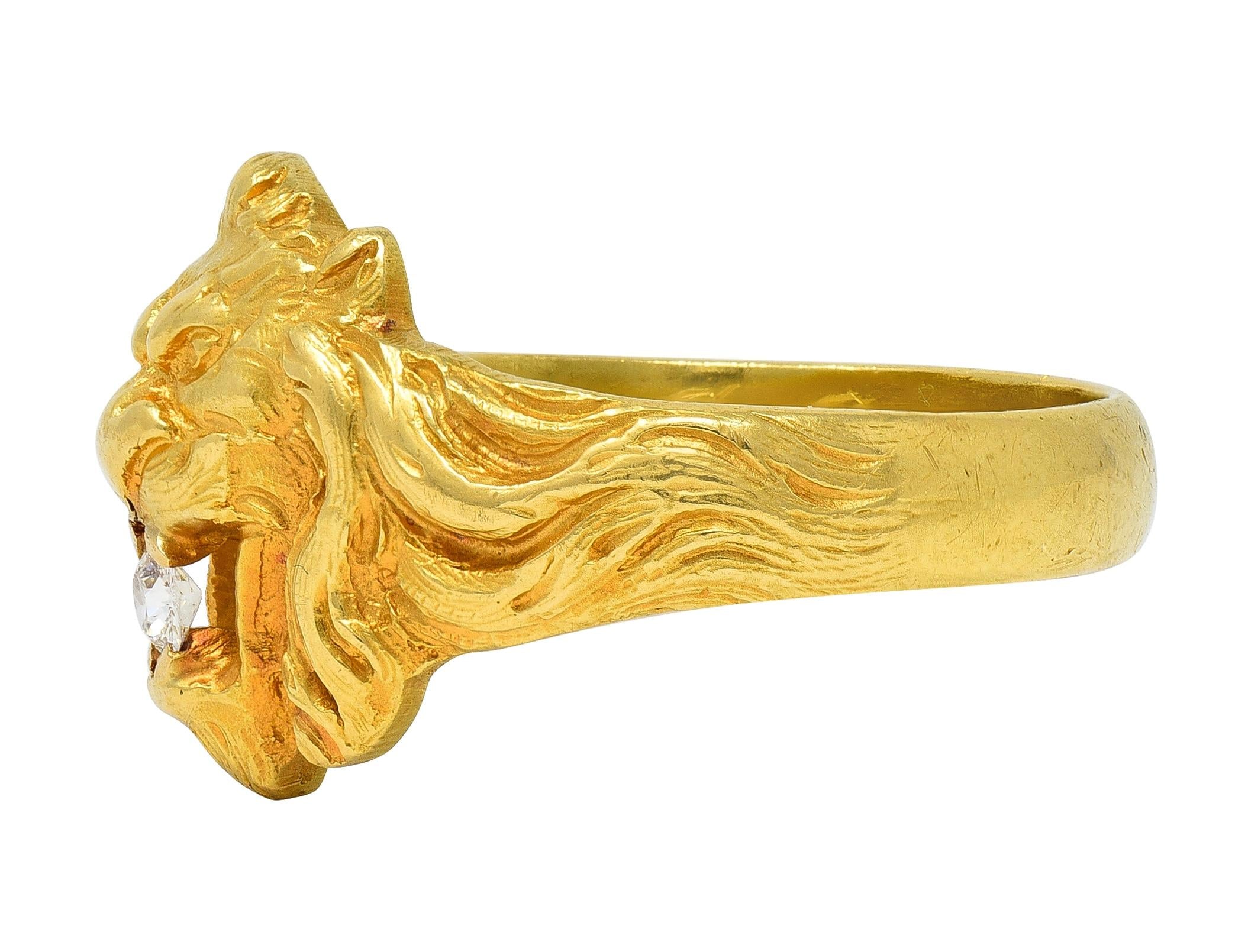 Art Nouveau French 1924 Diamond 18 Karat Yellow Gold Antique Lion Ring