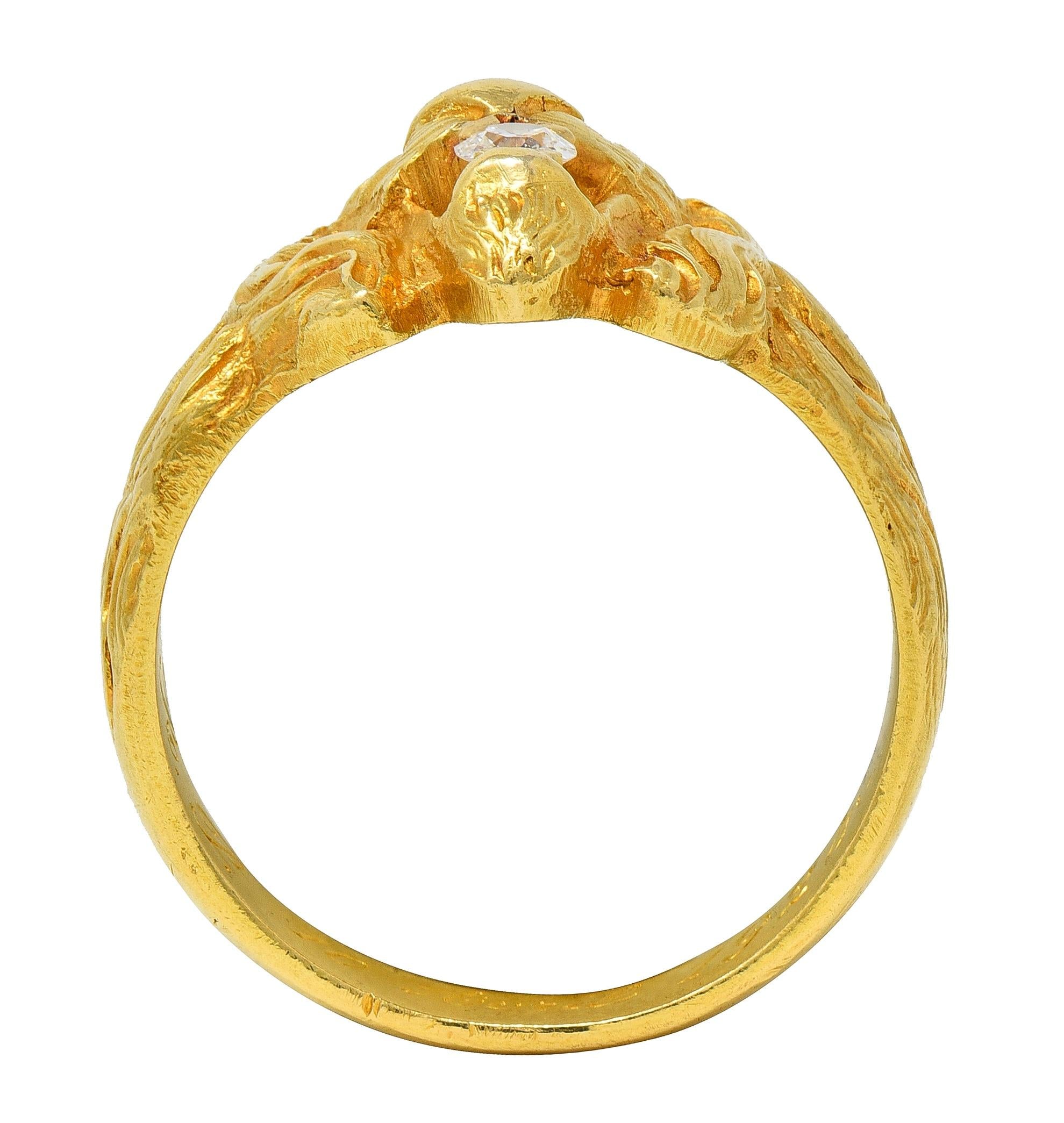 Art Nouveau French 1924 Diamond 18 Karat Yellow Gold Antique Lion Ring
