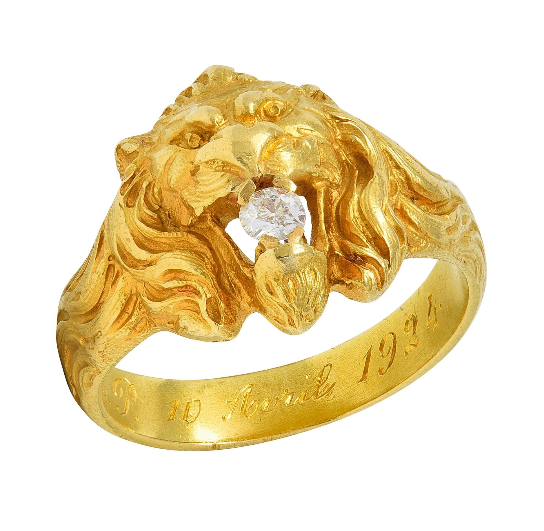 Art Nouveau French 1924 Diamond 18 Karat Yellow Gold Antique Lion Ring