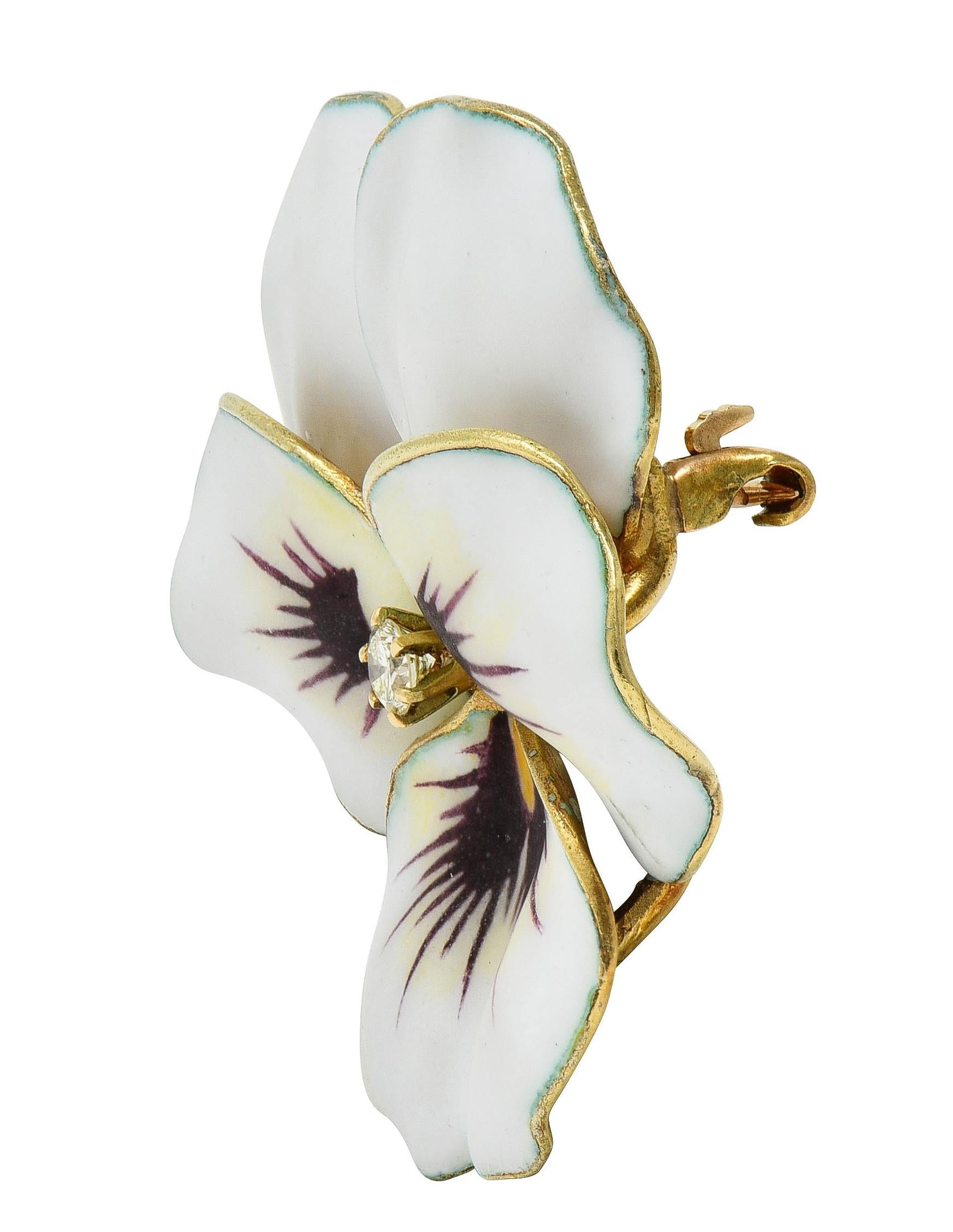 Hedges & Co. Art Nouveau Diamond Enamel 14K Yellow Gold Antique Pansy Brooch