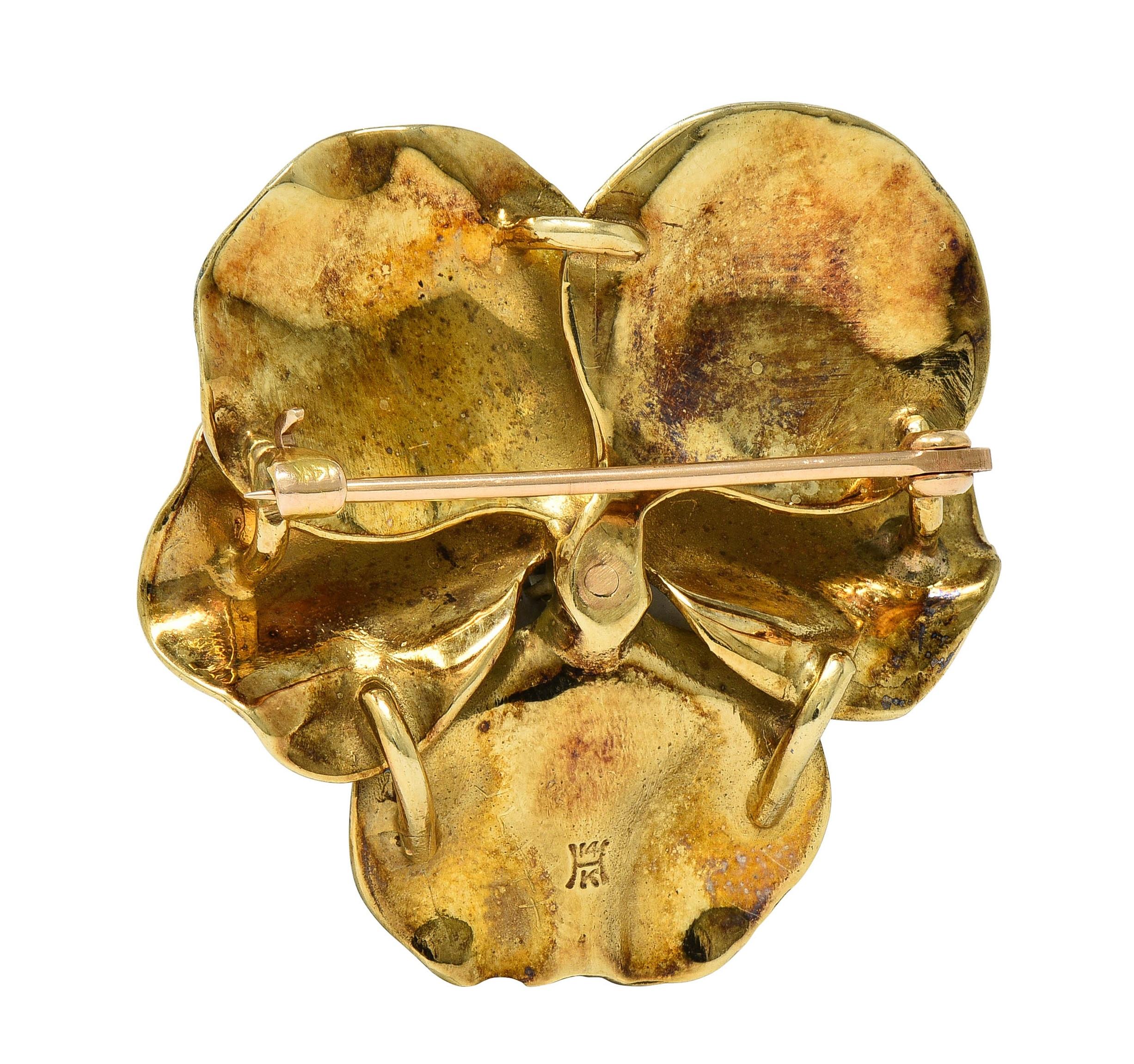 Hedges & Co. Art Nouveau Diamond Enamel 14K Yellow Gold Antique Pansy Brooch