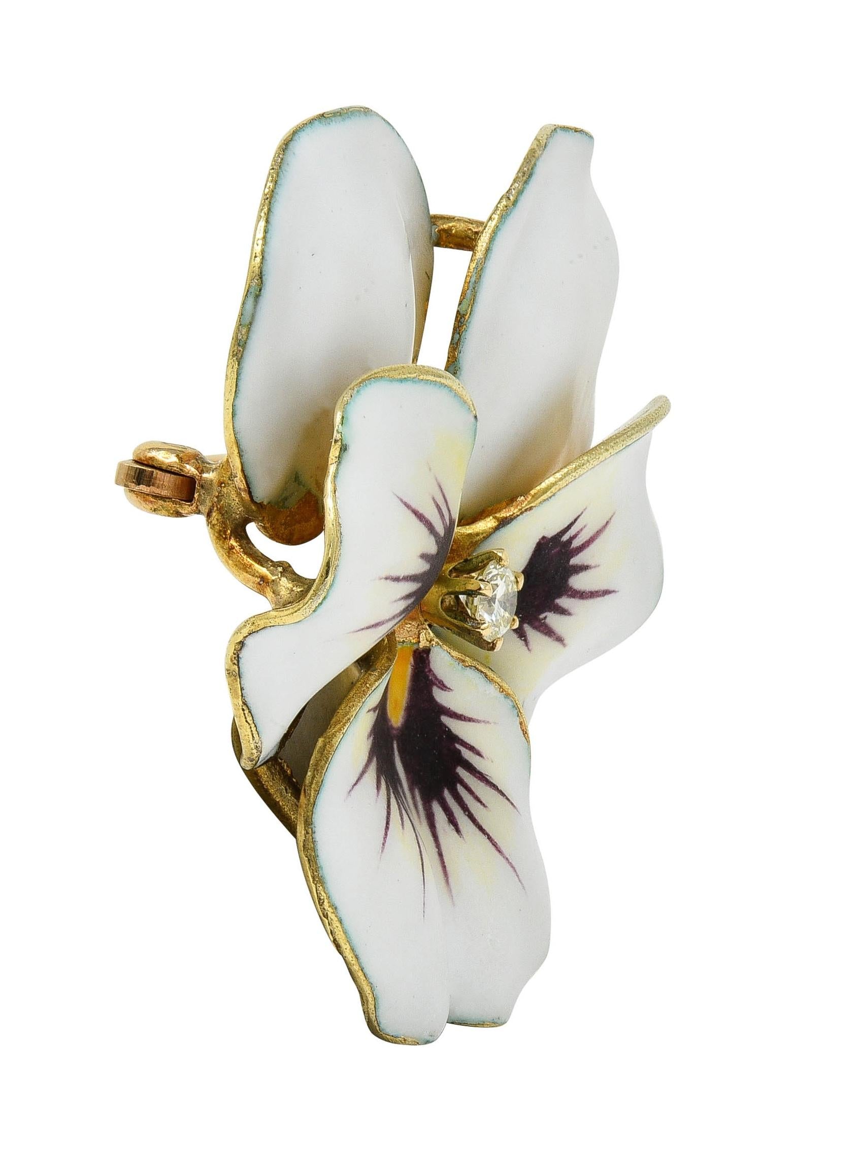 Hedges & Co. Art Nouveau Diamond Enamel 14K Yellow Gold Antique Pansy Brooch