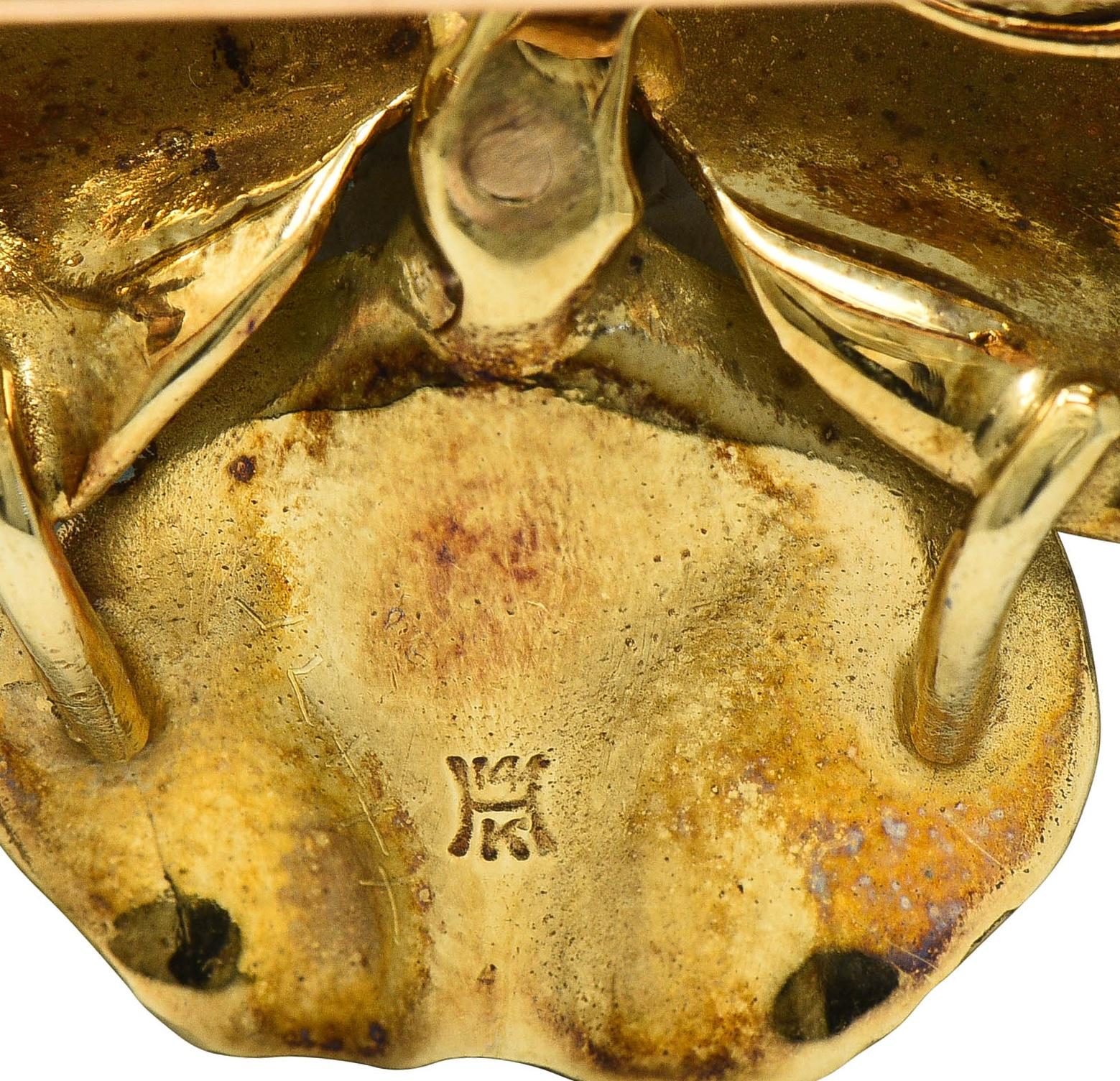 Hedges & Co. Art Nouveau Diamond Enamel 14K Yellow Gold Antique Pansy Brooch