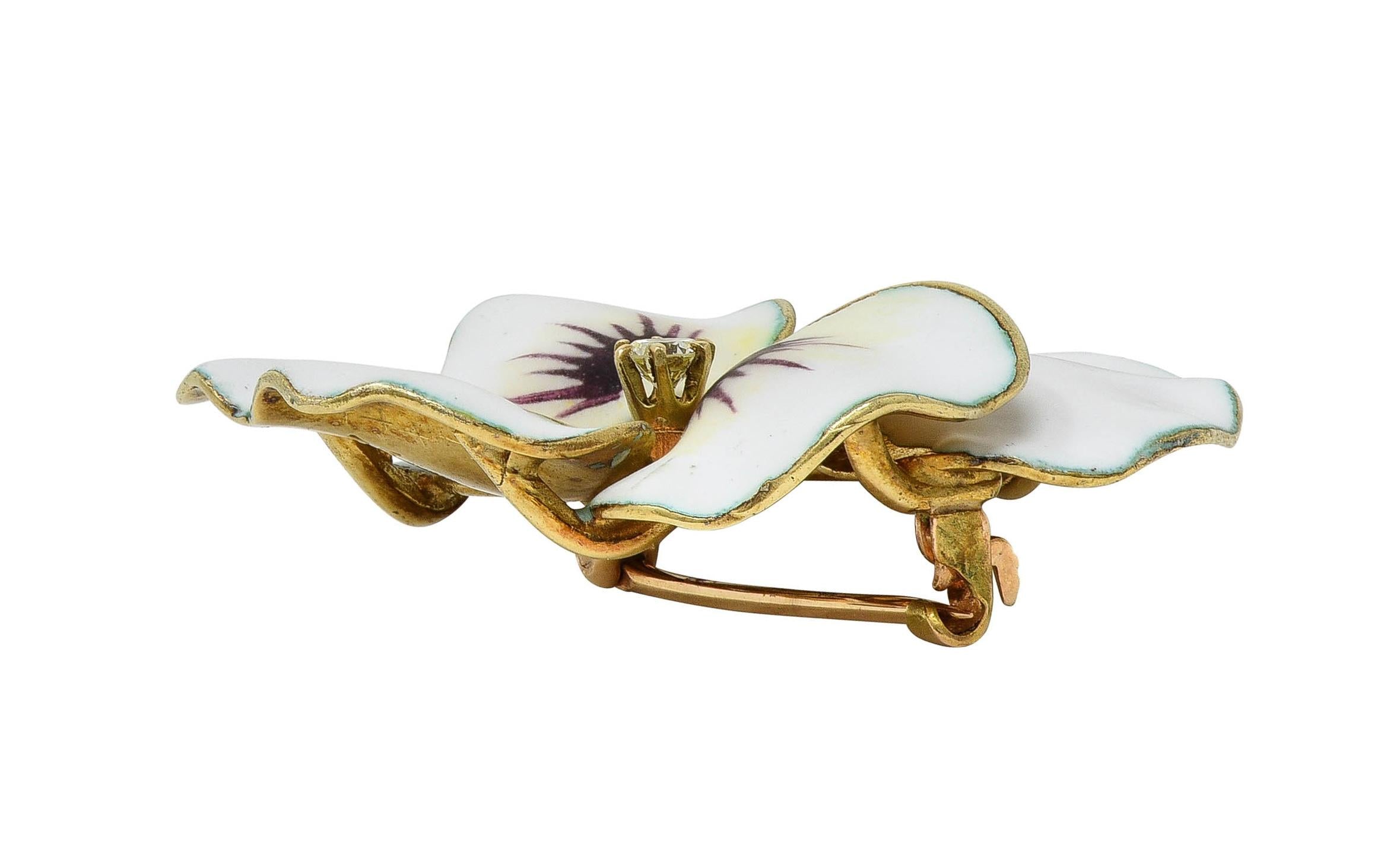 Hedges & Co. Art Nouveau Diamond Enamel 14K Yellow Gold Antique Pansy Brooch