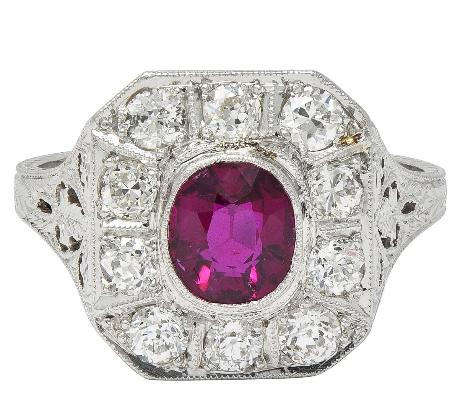 Art Deco 2.18 CTW No Heat Ruby Diamond Platinum Vintage Foliate Halo Ring GIA