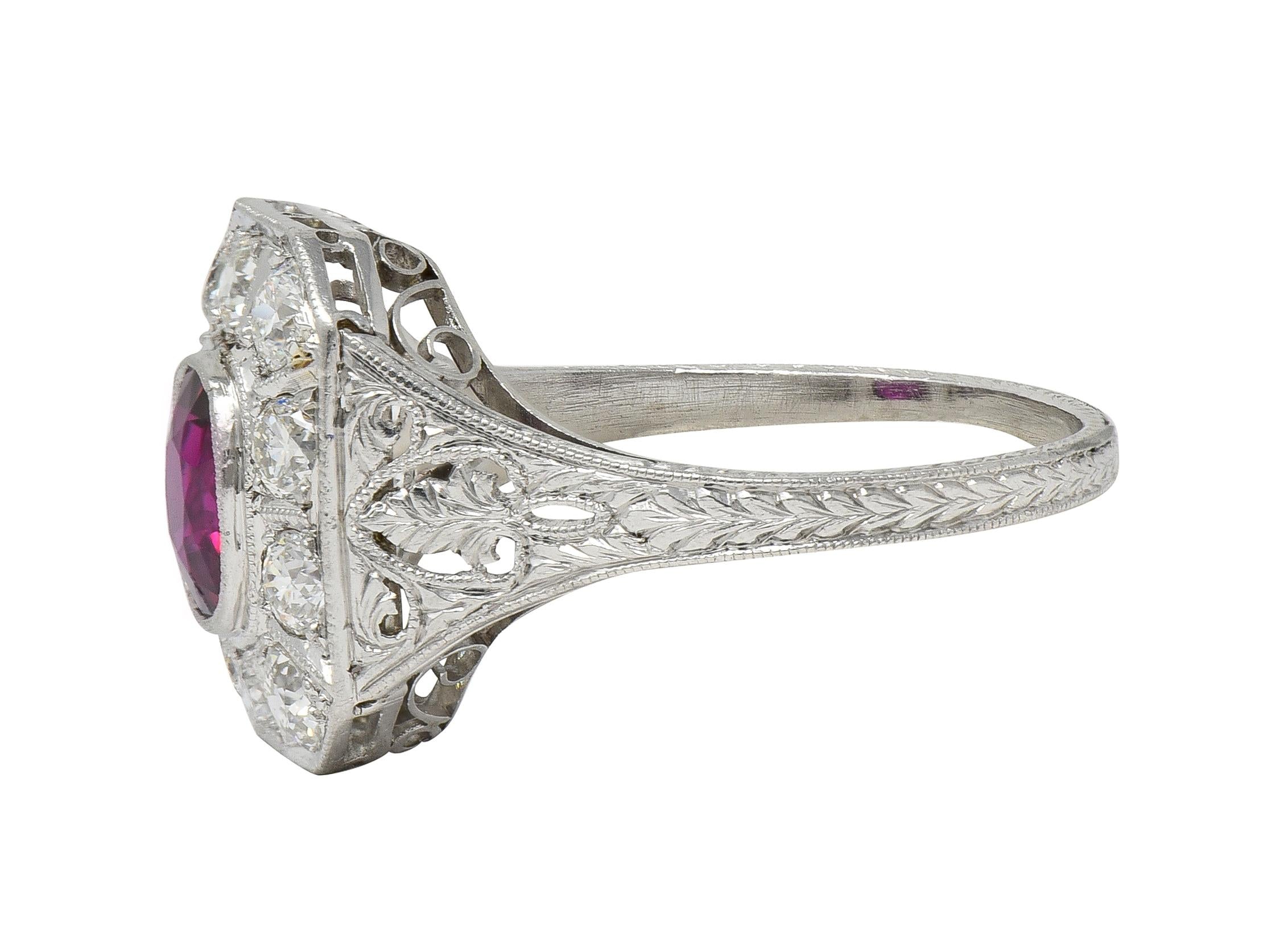 Art Deco 2.18 CTW No Heat Ruby Diamond Platinum Vintage Foliate Halo Ring GIA