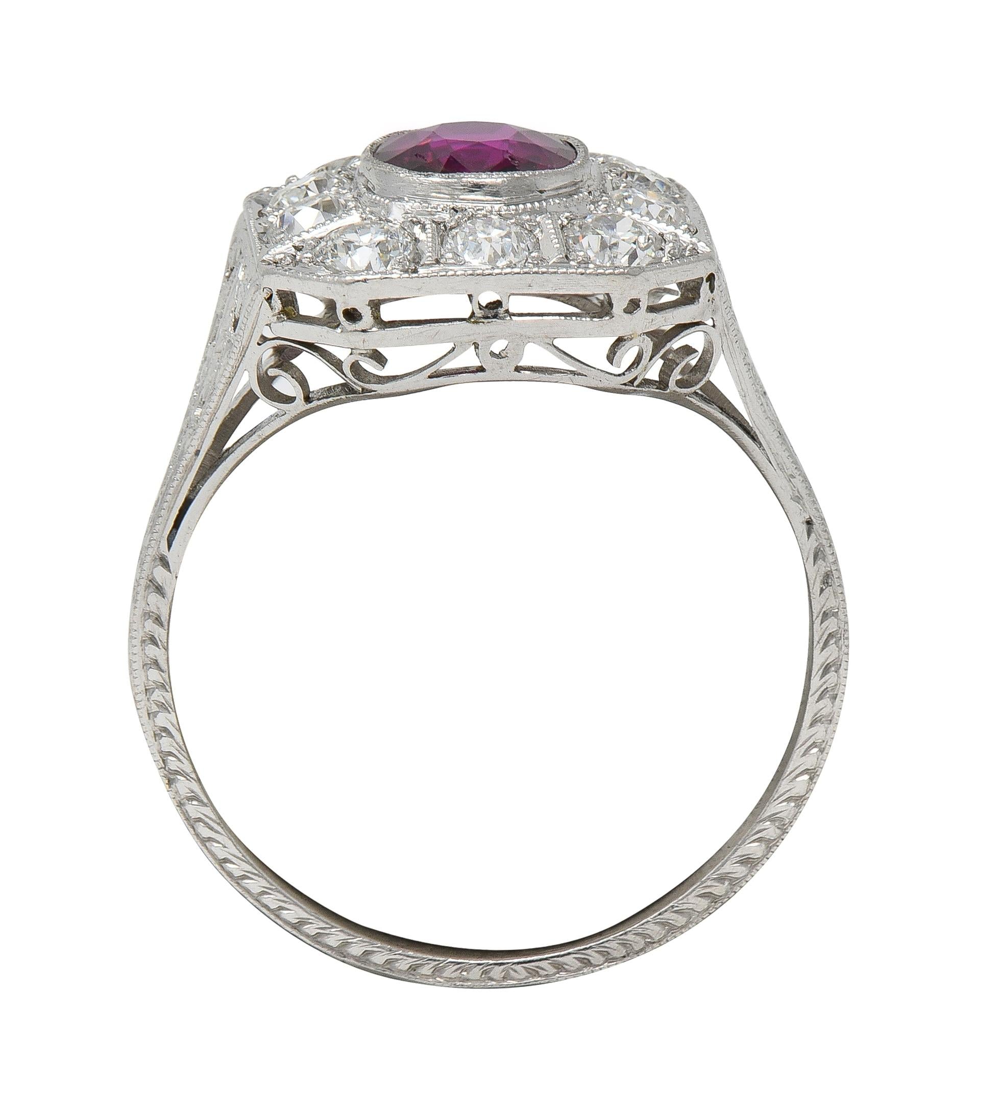 Art Deco 2.18 CTW No Heat Ruby Diamond Platinum Vintage Foliate Halo Ring GIA