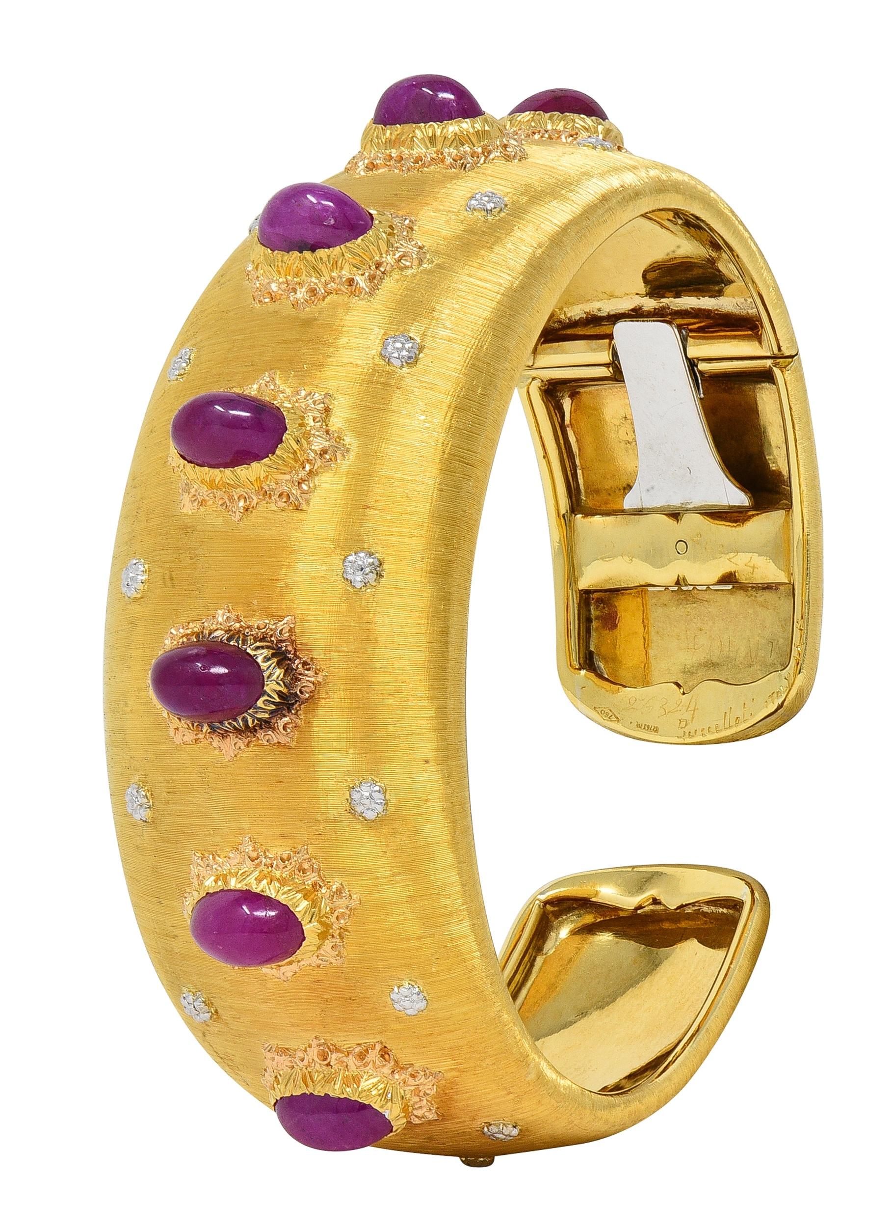 Buccellati 1980's Ruby 11.20 CTW 18K Two-Tone Gold Vintage Macri Cuff Bracelet