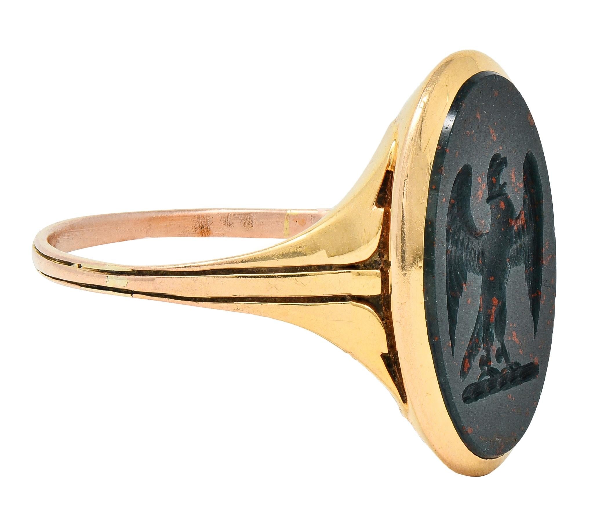 Edwardian Bloodstone 18K Yellow Gold Antique Carved Eagle Intaglio Signet Ring
