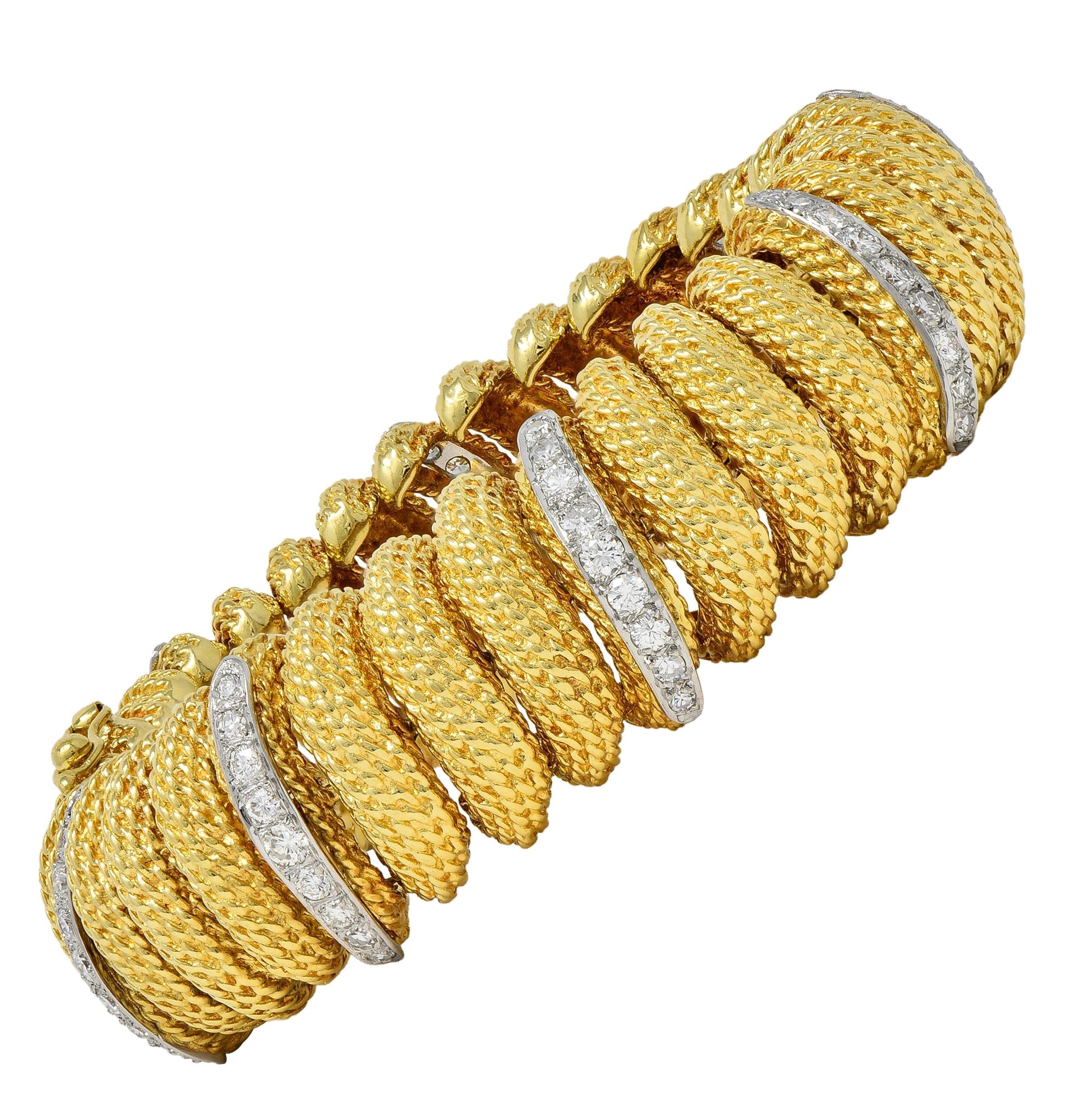 1960's 2.80 CTW Diamond Platinum 18K Gold Vintage Woven Twist Link Bracelet