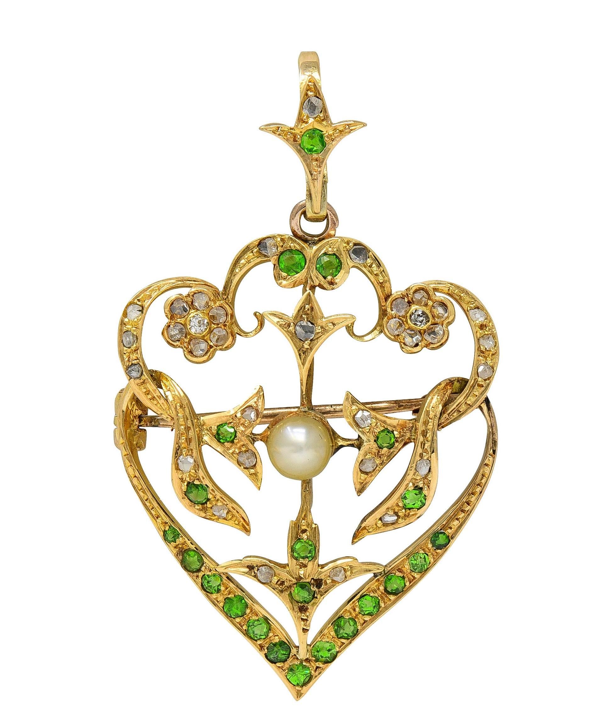 Art Nouveau Diamond Demantoid Pearl 14K Gold Antique Foliate Pendant Brooch