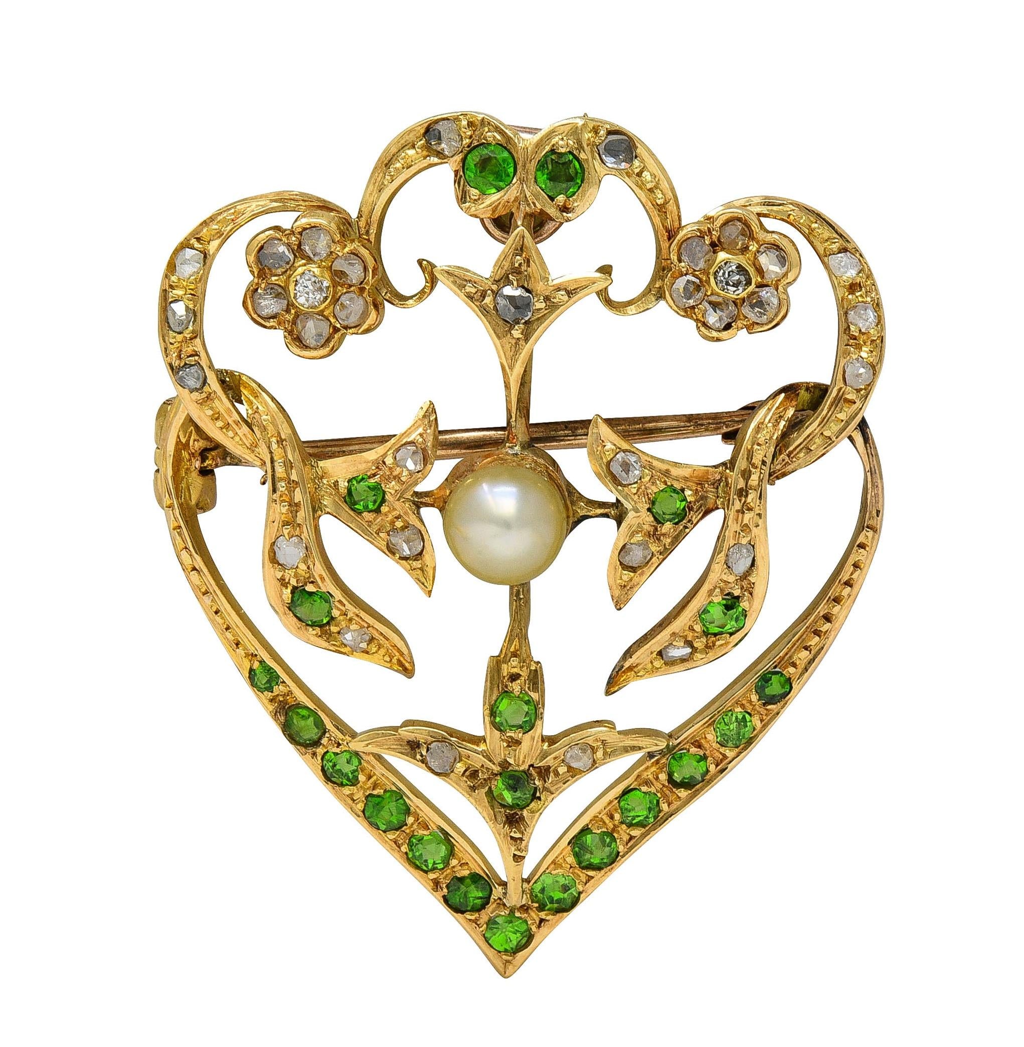 Art Nouveau Diamond Demantoid Pearl 14K Gold Antique Foliate Pendant Brooch