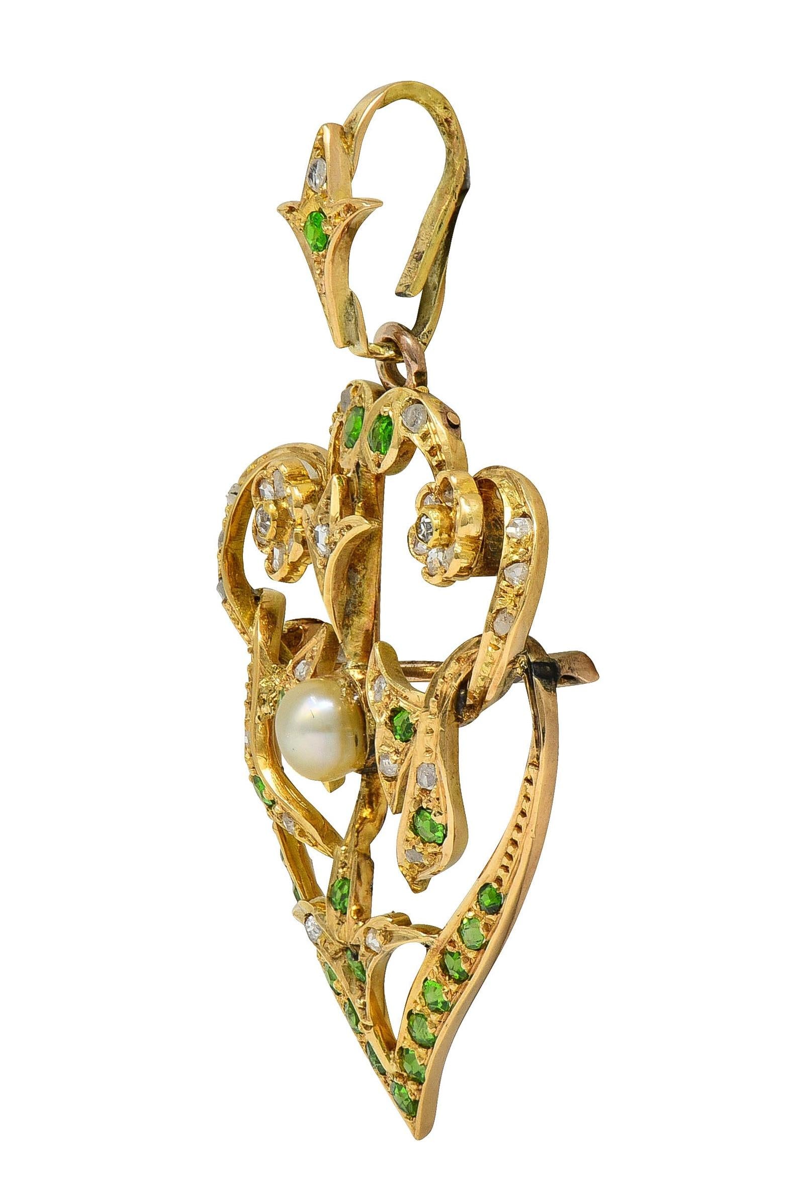 Art Nouveau Diamond Demantoid Pearl 14K Gold Antique Foliate Pendant Brooch