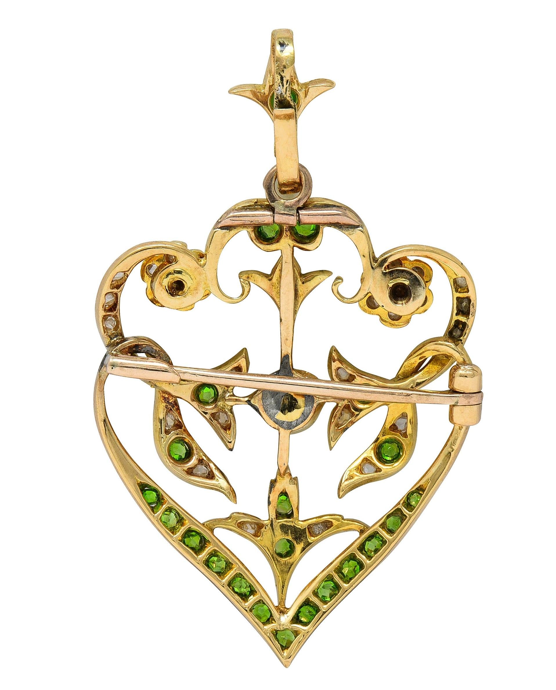 Art Nouveau Diamond Demantoid Pearl 14K Gold Antique Foliate Pendant Brooch