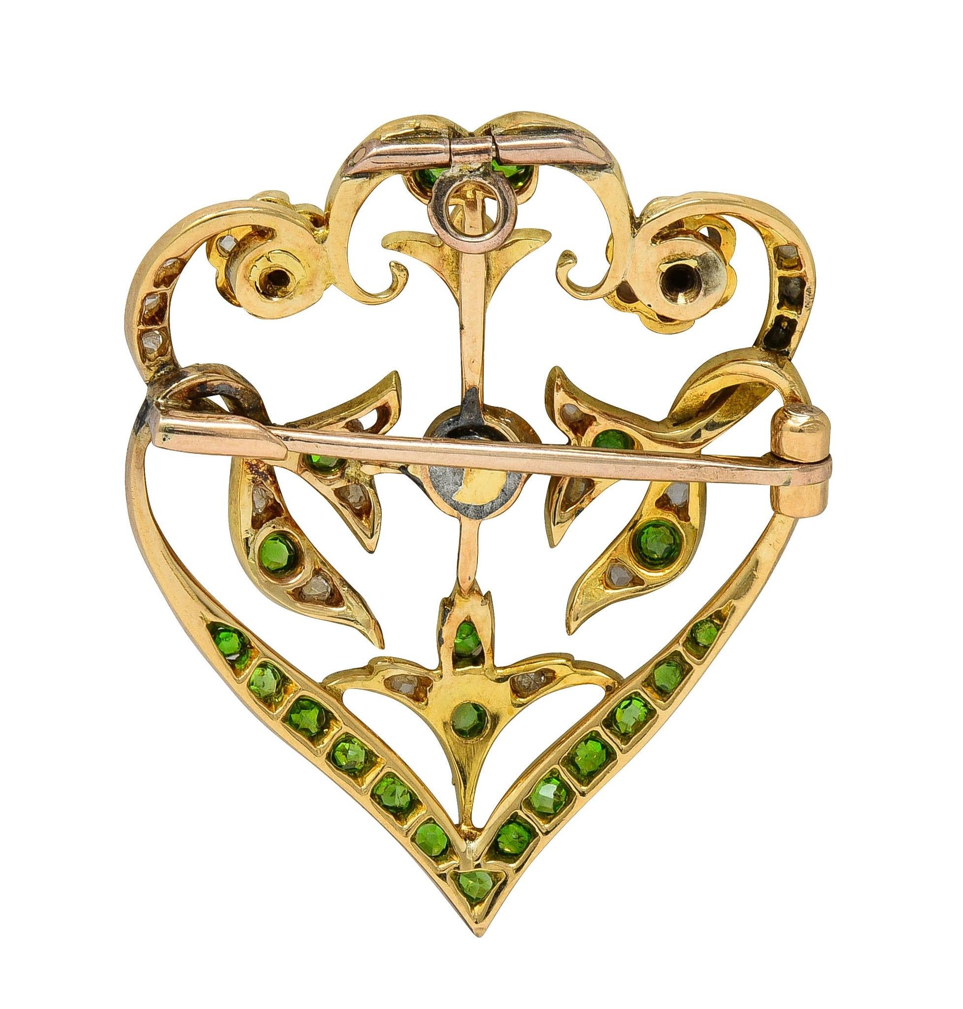 Art Nouveau Diamond Demantoid Pearl 14K Gold Antique Foliate Pendant Brooch