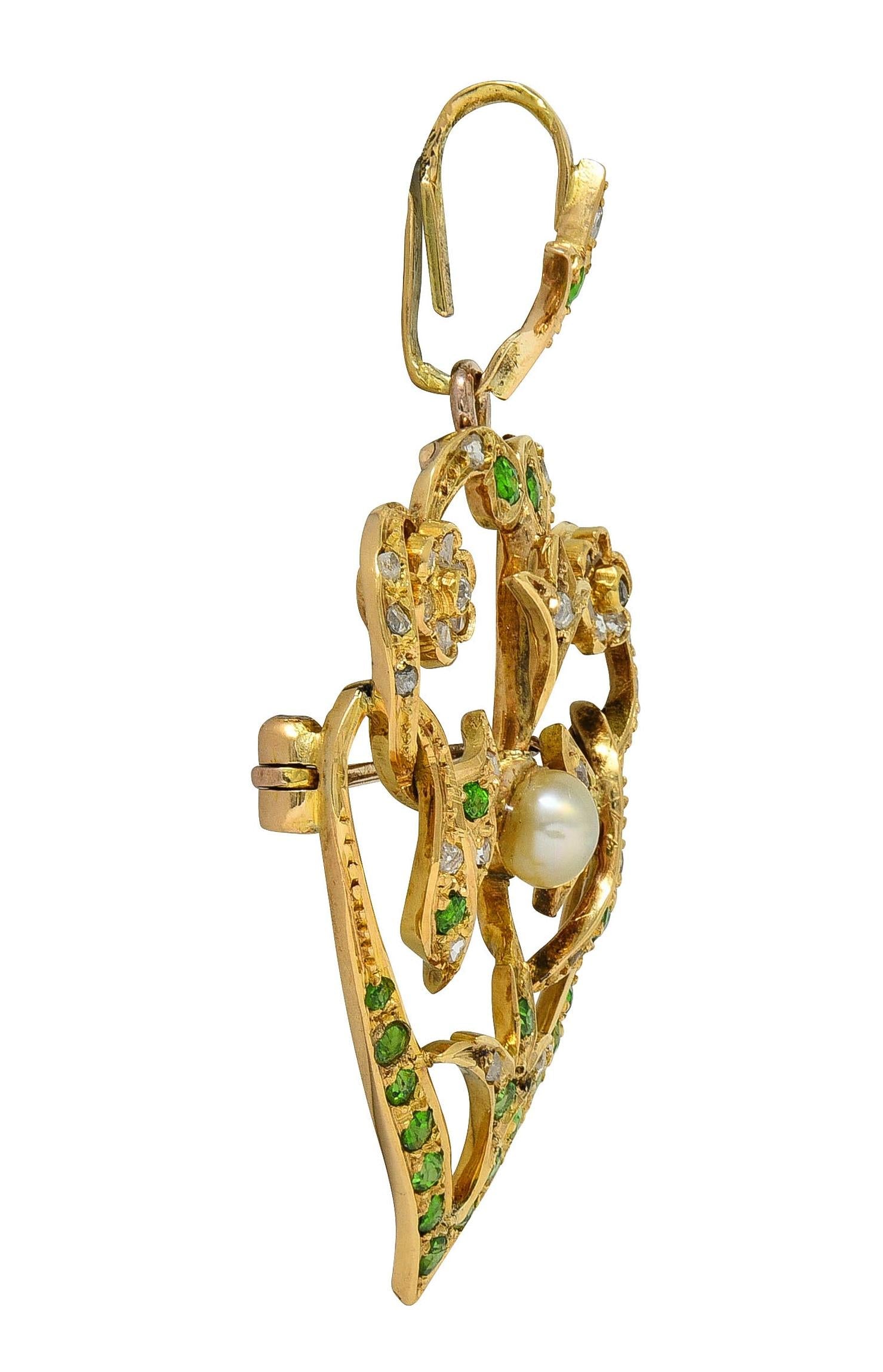 Art Nouveau Diamond Demantoid Pearl 14K Gold Antique Foliate Pendant Brooch