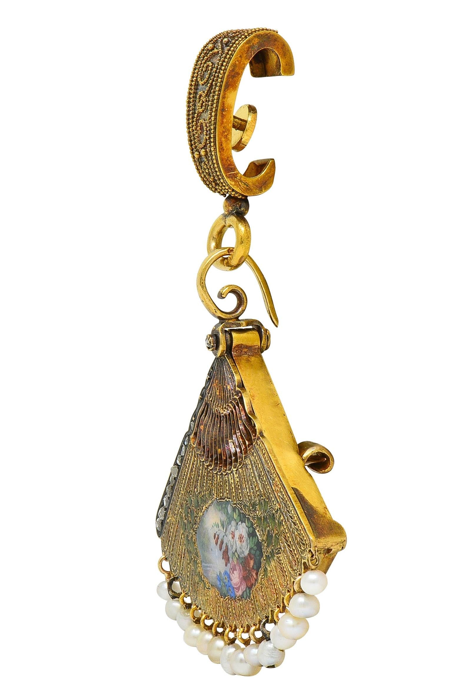 Victorian Diamond Pearl Enamel 18K Gold Antique Fan Dog Locket Pendant Brooch