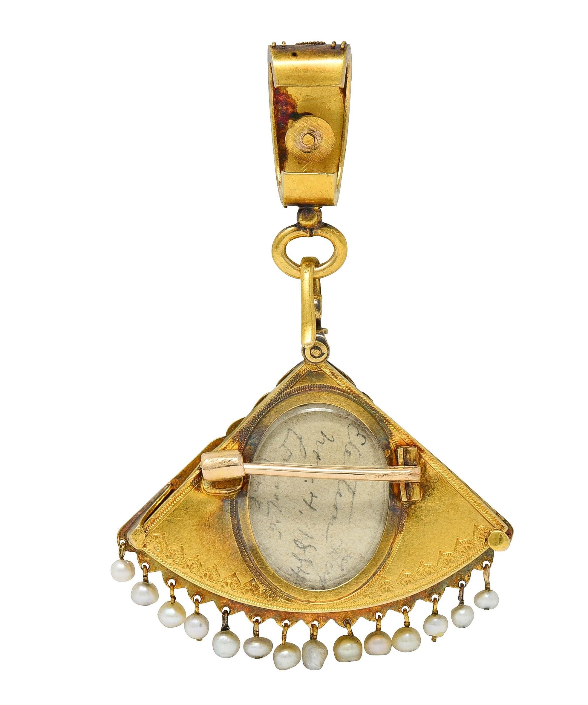 Victorian Diamond Pearl Enamel 18K Gold Antique Fan Dog Locket Pendant Brooch