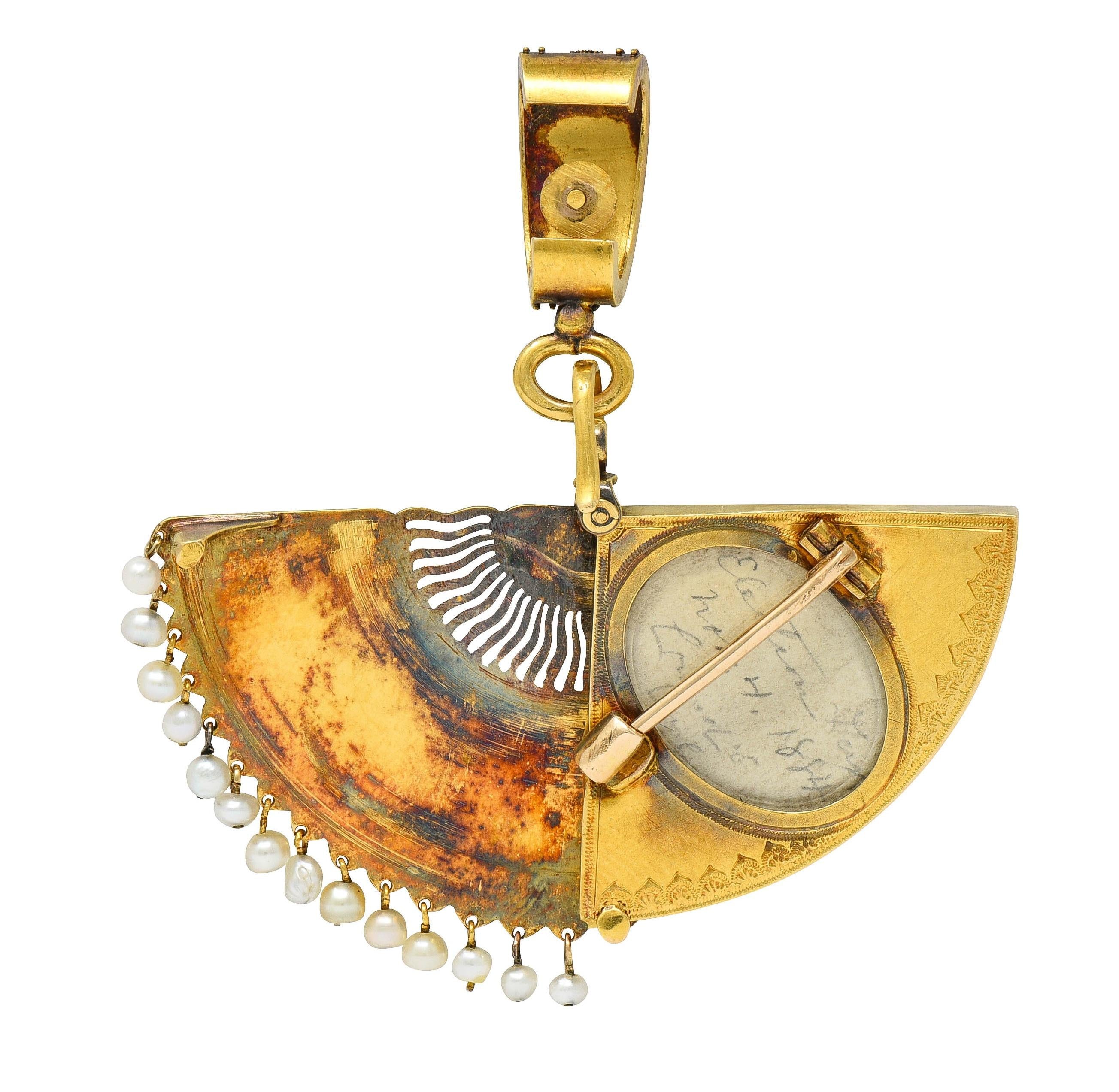 Victorian Diamond Pearl Enamel 18K Gold Antique Fan Dog Locket Pendant Brooch