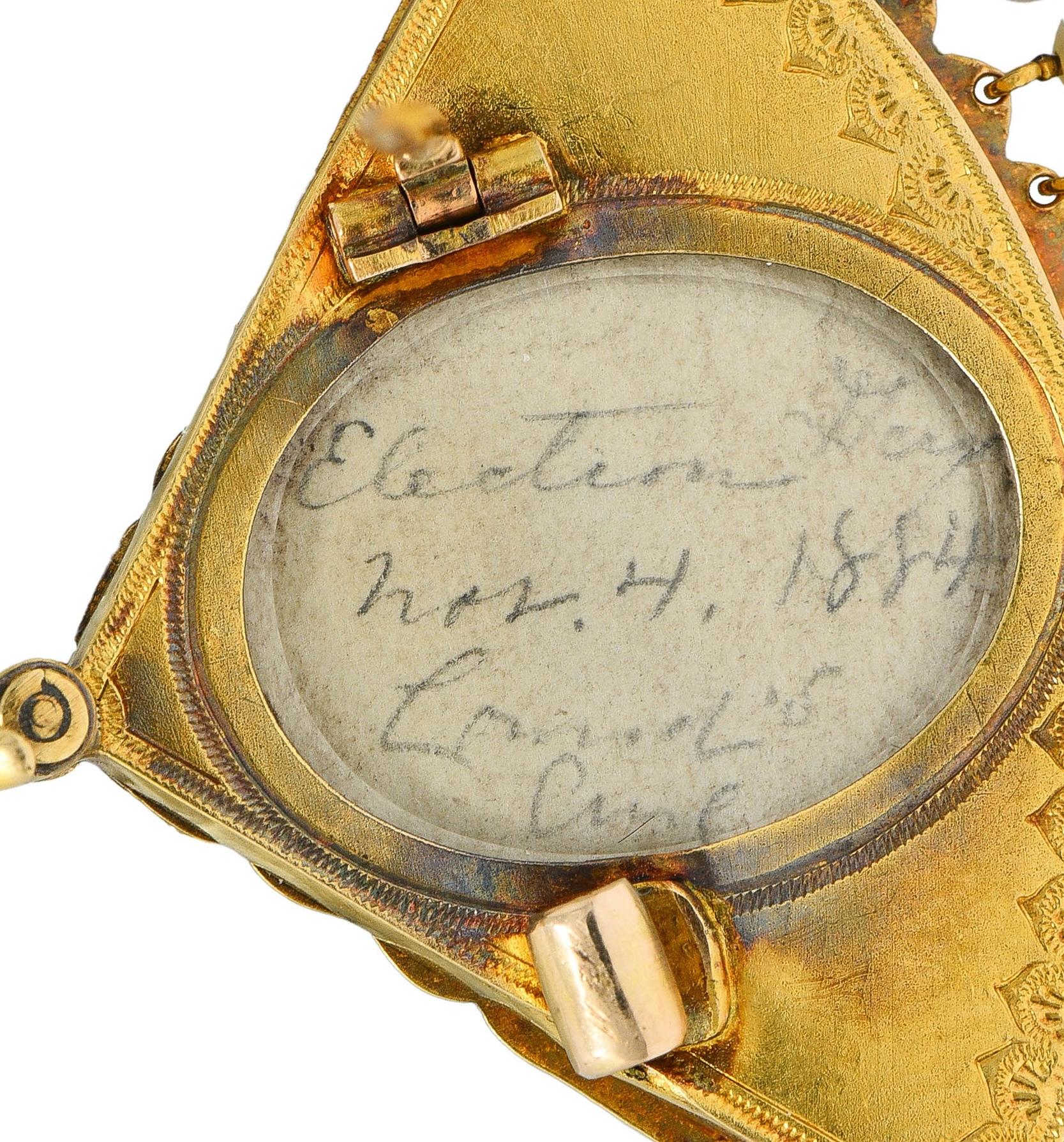 Victorian Diamond Pearl Enamel 18K Gold Antique Fan Dog Locket Pendant Brooch