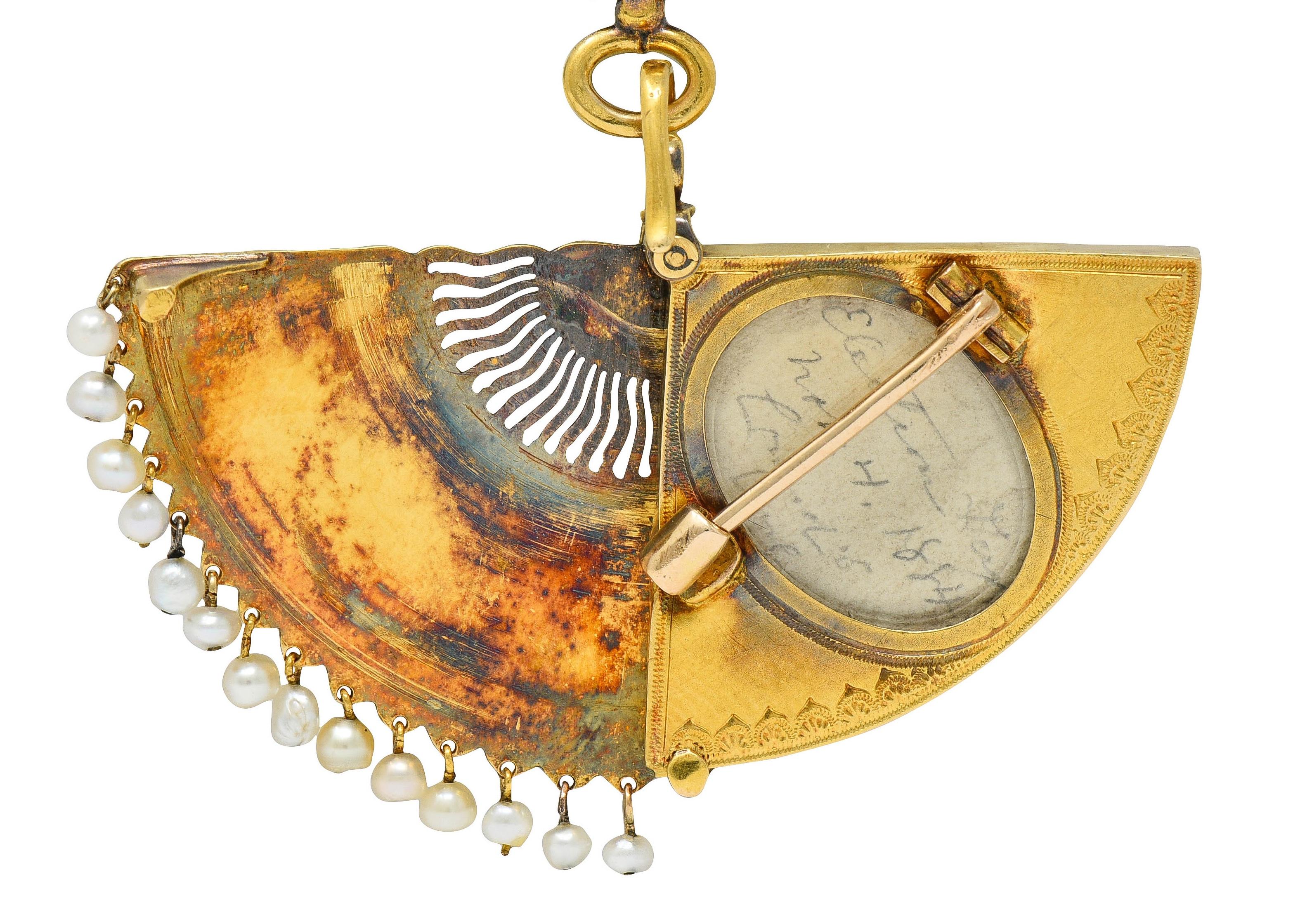 Victorian Diamond Pearl Enamel 18K Gold Antique Fan Dog Locket Pendant Brooch