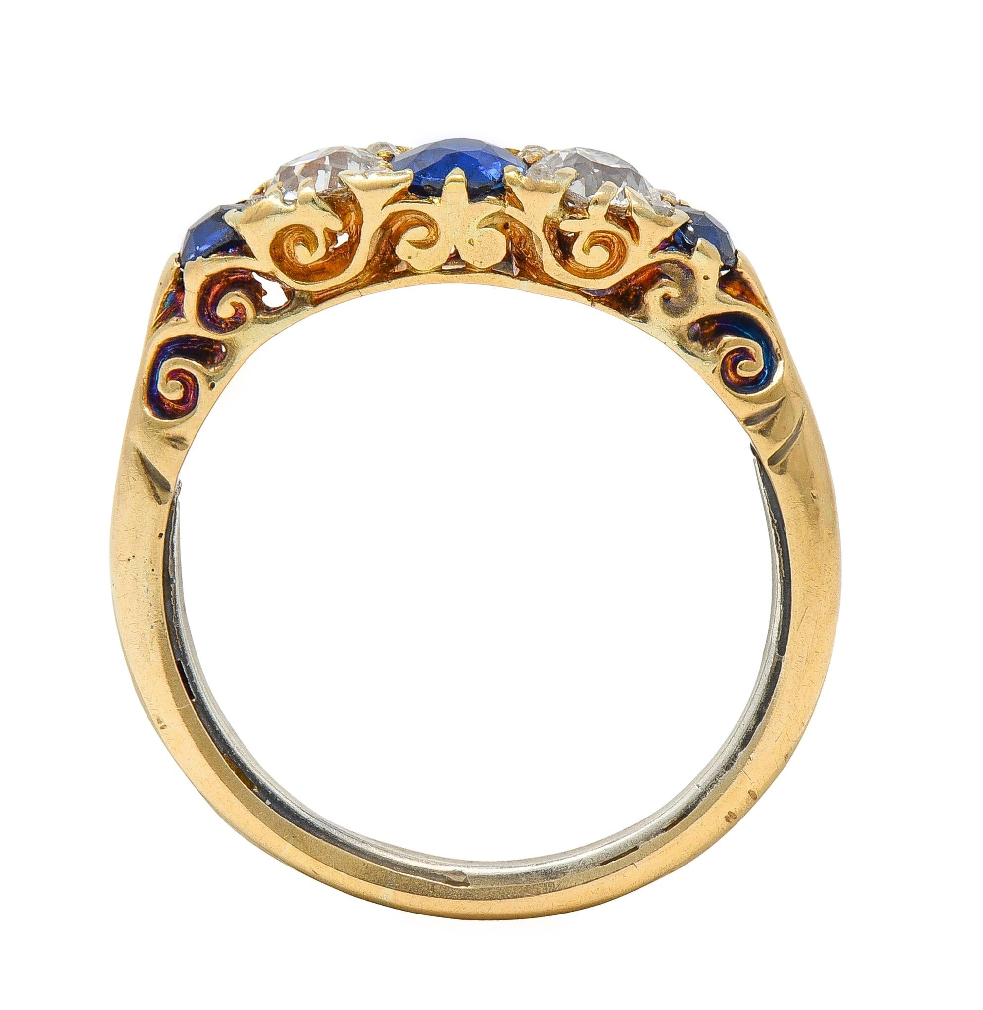 Victorian 1.40 CTW Sapphire Diamond 18K Yellow Gold Antique Scroll Band Ring