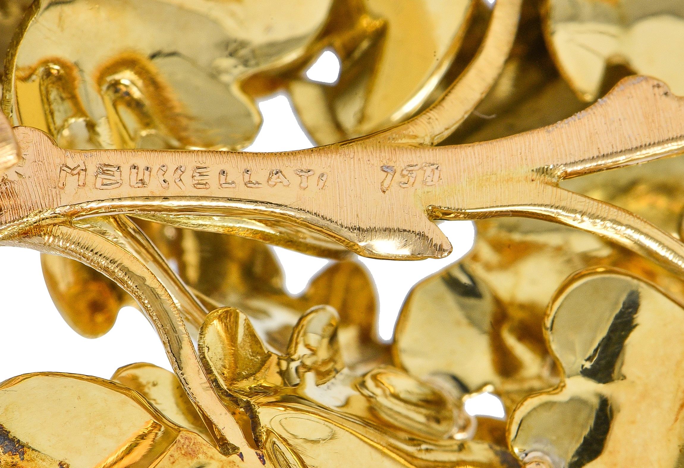Mario Buccellati 1960s 18 Karat Yellow Gold Vintage Floral Segrinato Leaf Brooch