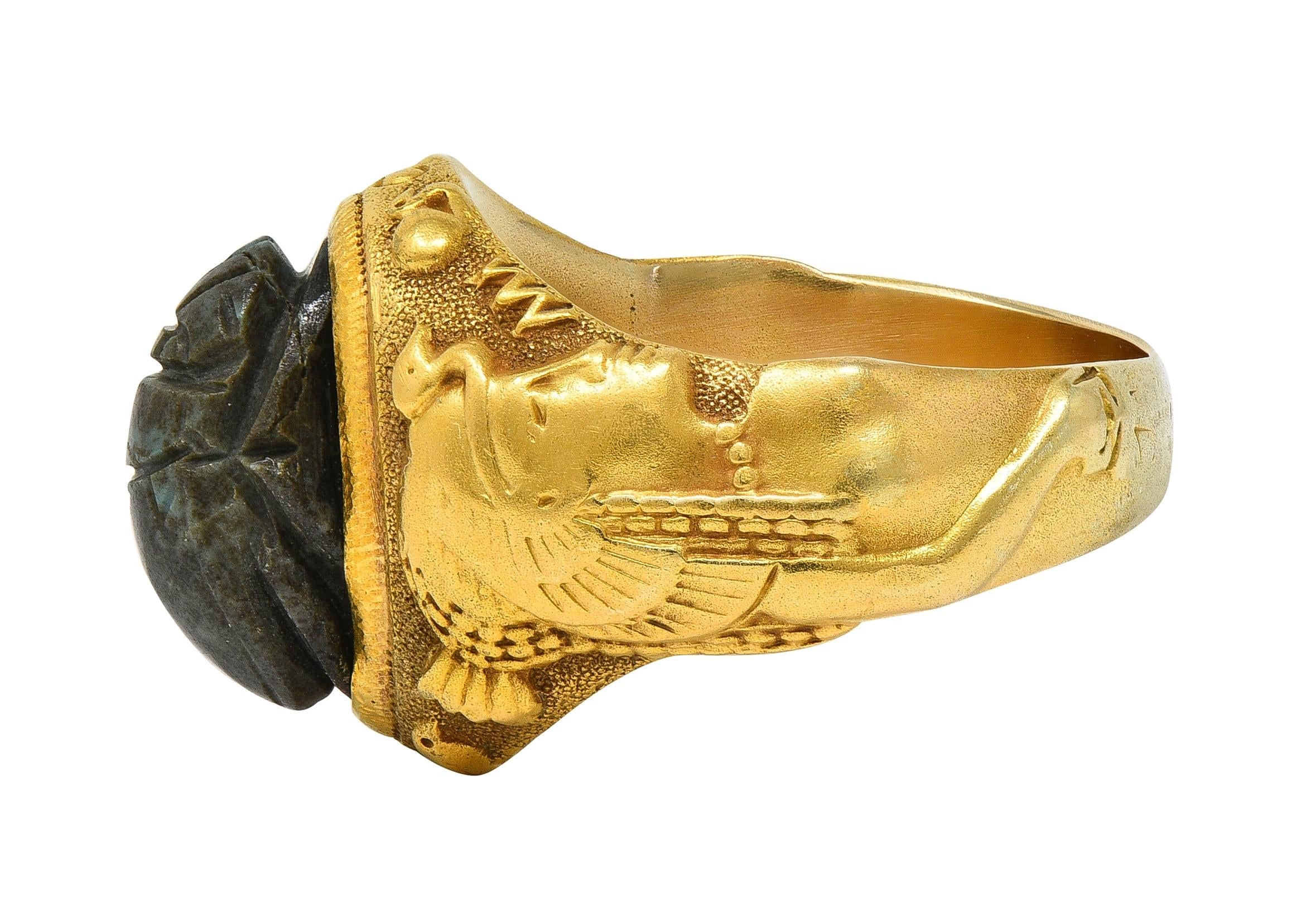 Jones Woodland Art Deco Egyptian Revival Hardstone 14K Gold Antique Scarab Ring